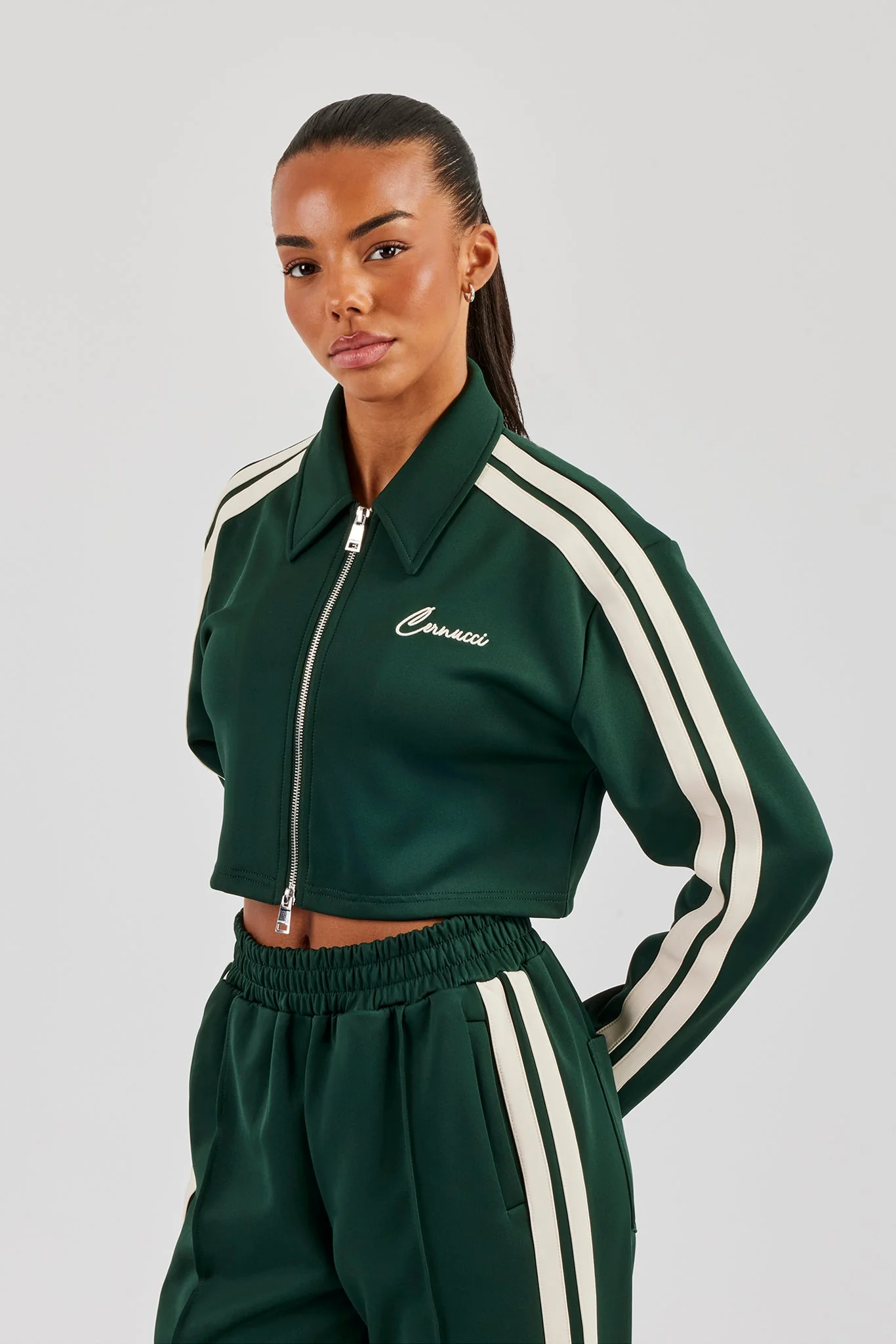 Taping Cropped Harrington Jacket - Bottle Green - Image 2