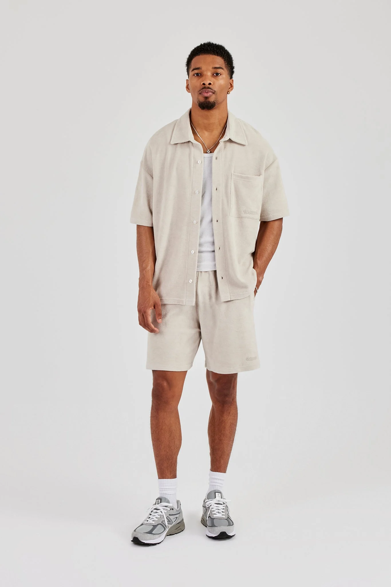 Terry Towelling Boxy Shirt & Short - Beige - Image 4