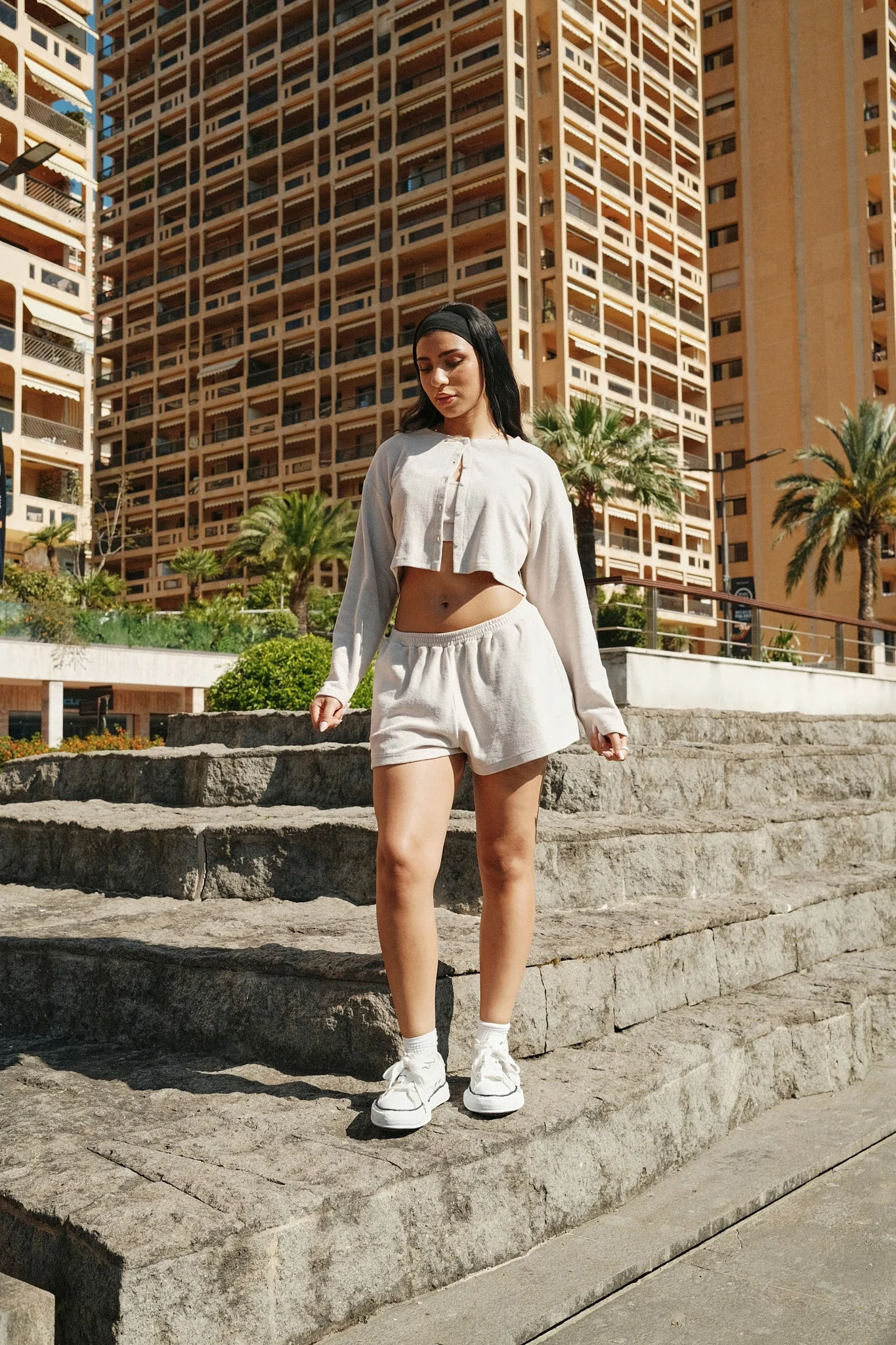 Terry Towelling Cardigan, Bralette & Short - Beige - Image 2