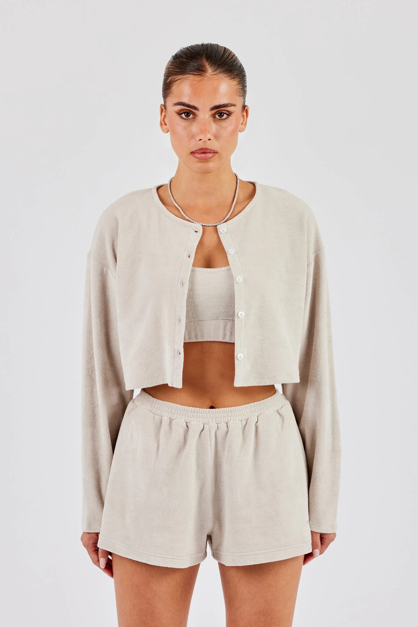 Terry Towelling Cardigan, Bralette & Short - Beige - Image 3