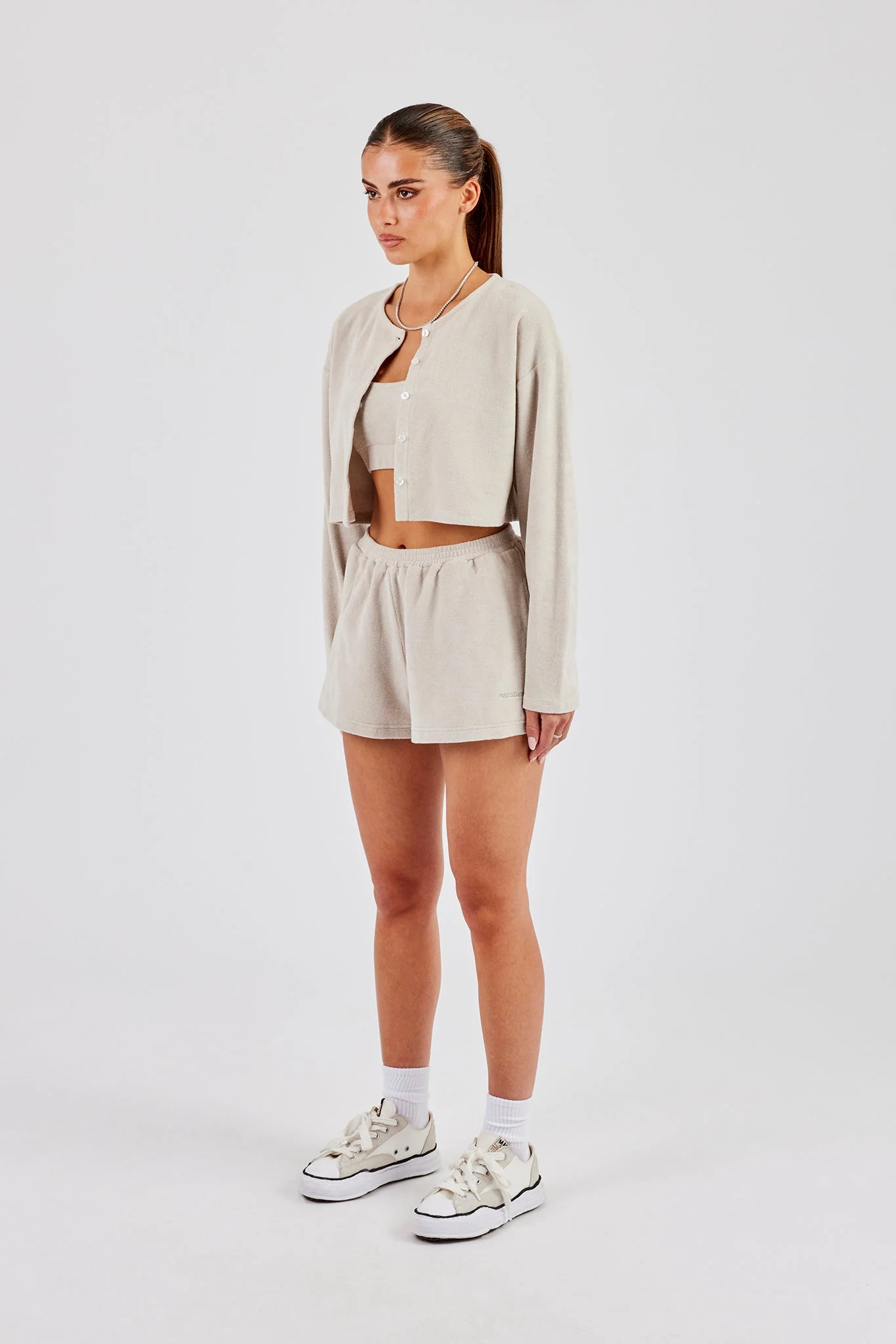 Terry Towelling Cardigan, Bralette & Short - Beige - Image 5
