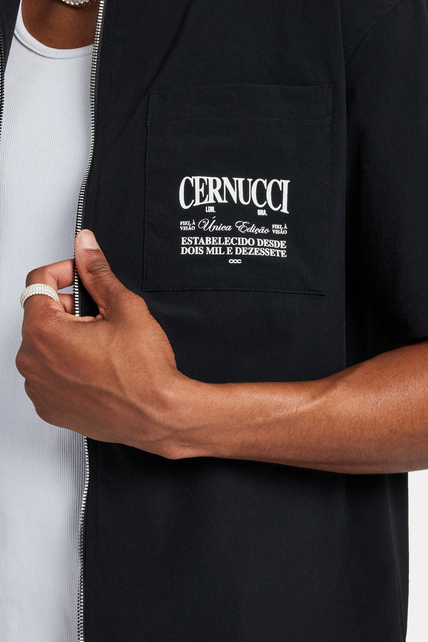 Text Pocket Zip Front Shirt - Black - Image 2