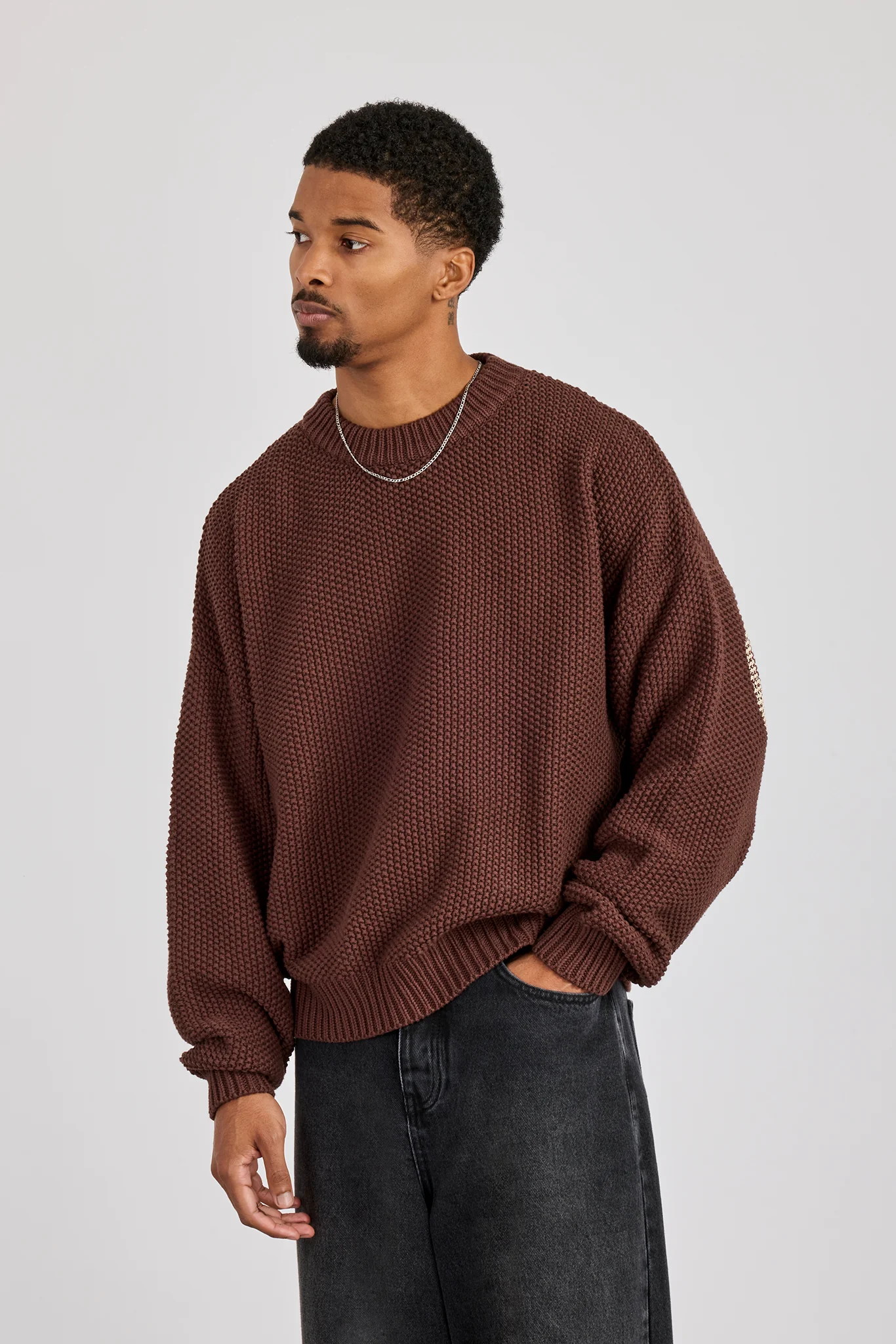 Textured Knit Printed Sweatshirt - Chocolate - Image 2