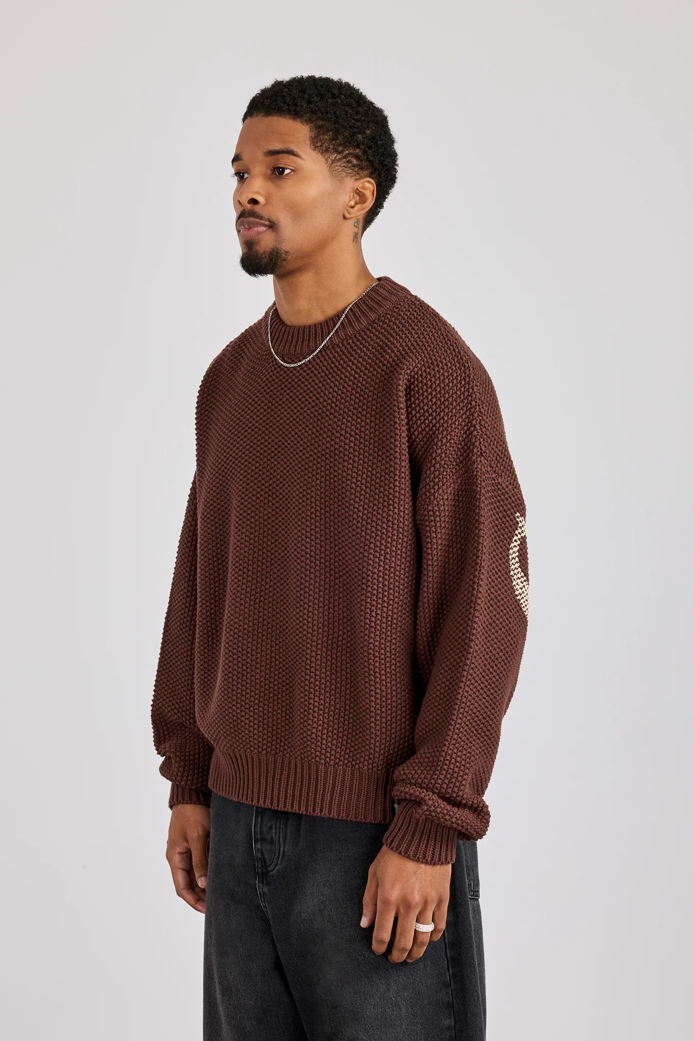Textured Knit Printed Sweatshirt - Chocolate - Image 3