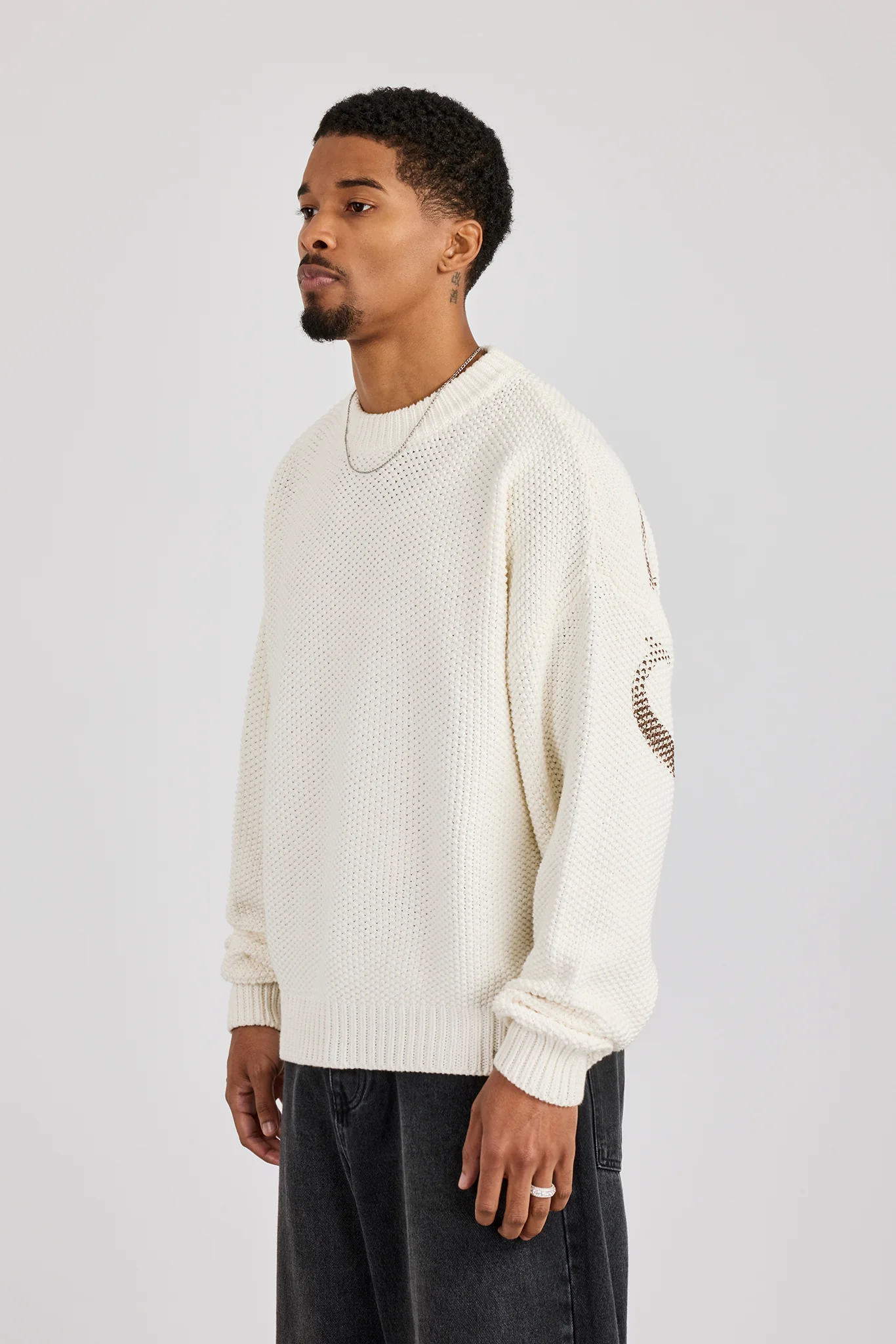 Textured Knit Printed Sweatshirt - Off White - Image 3