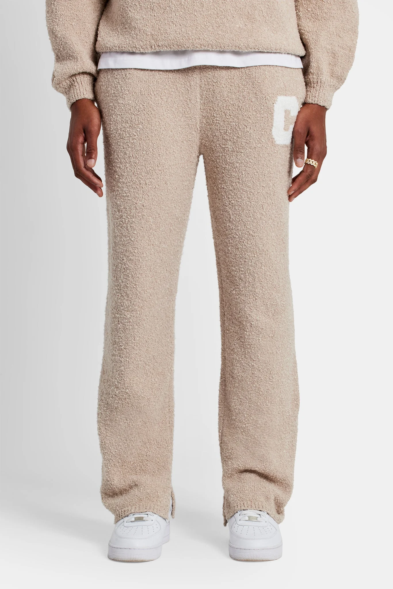 Textured Split Hem Knitted Jogger - Beige - Image 3