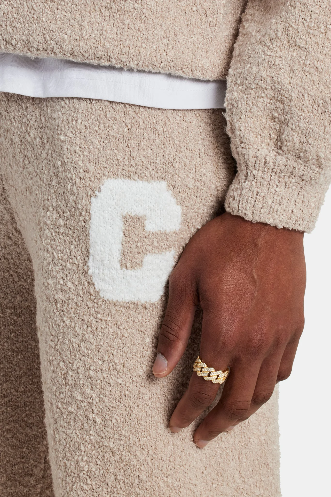Textured Split Hem Knitted Jogger - Beige - Image 4