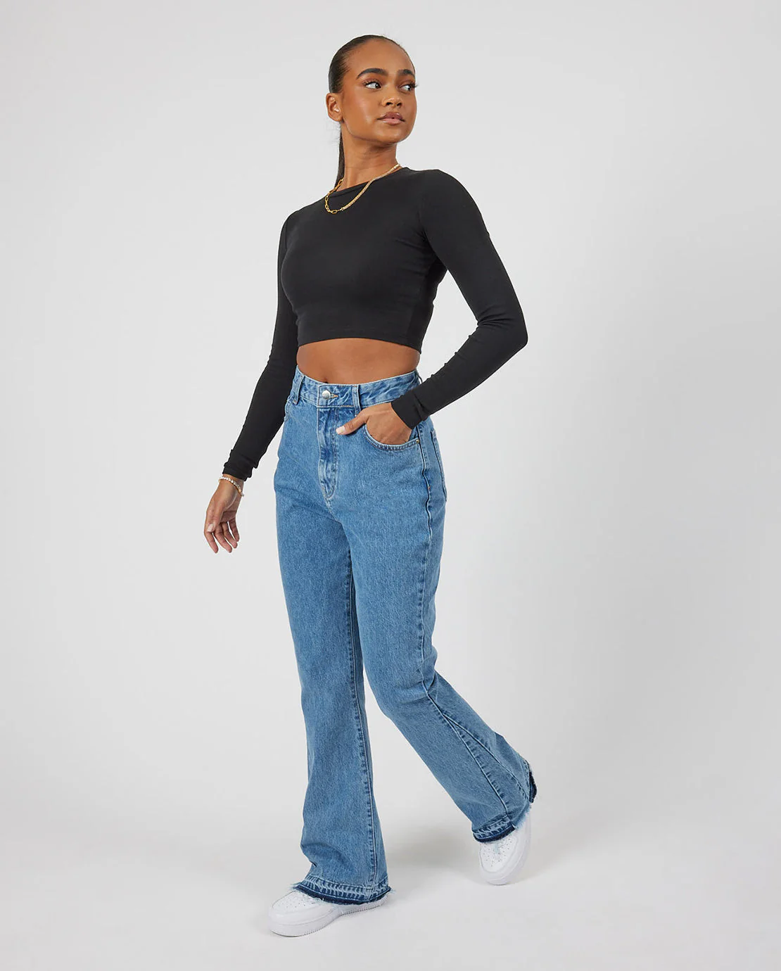 Tonal Panelled Flare Detail Jeans - Mid Blue - Image 2