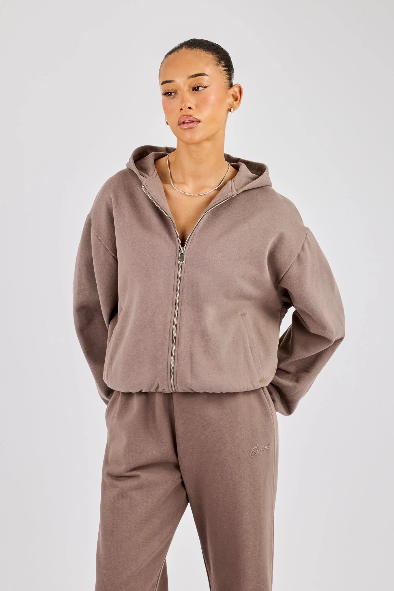 Towelling Applique Zip Hoodie - Taupe - Image 3