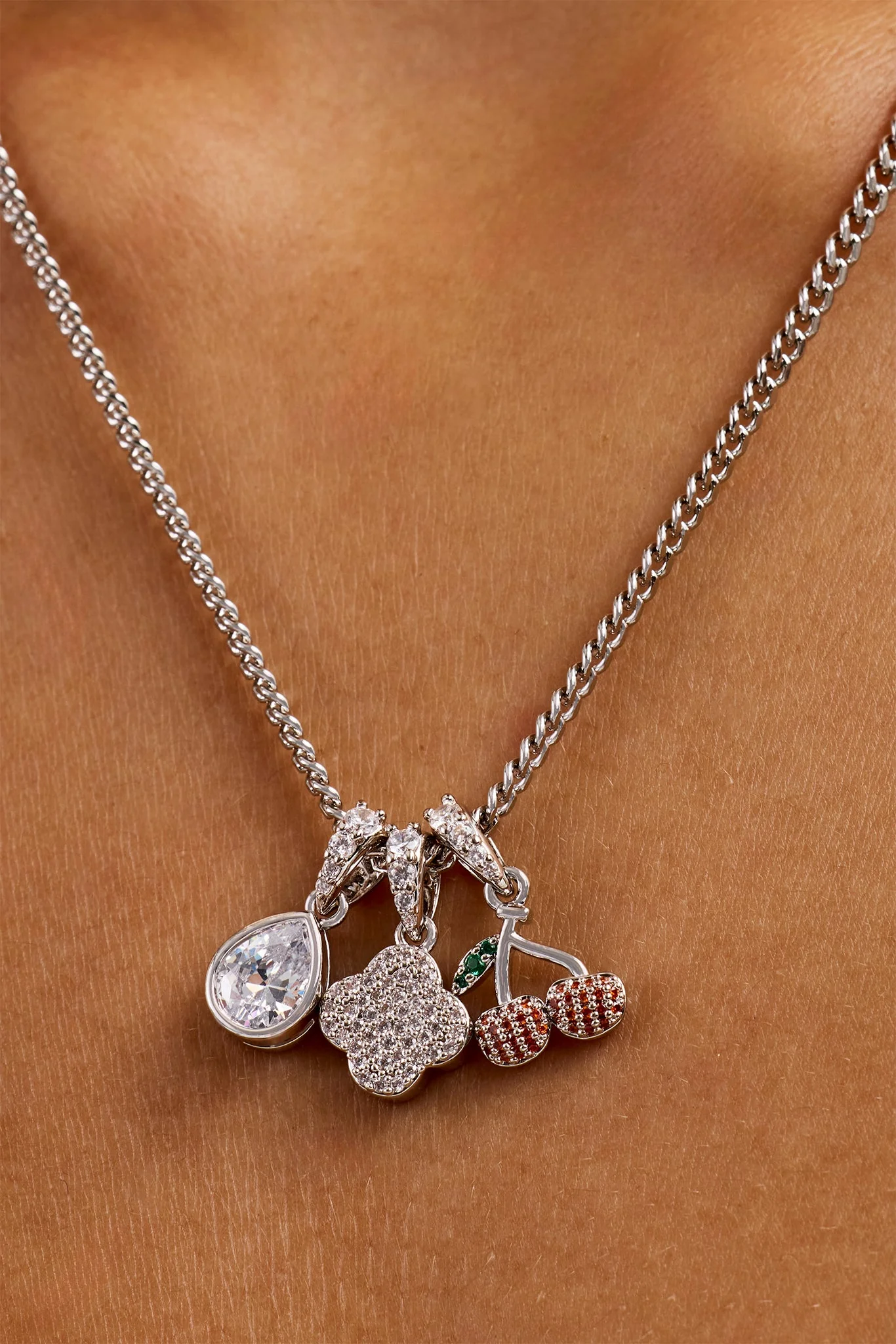 Triple Motif & Cherry Pendant Necklace - 10mm - White - Image 2