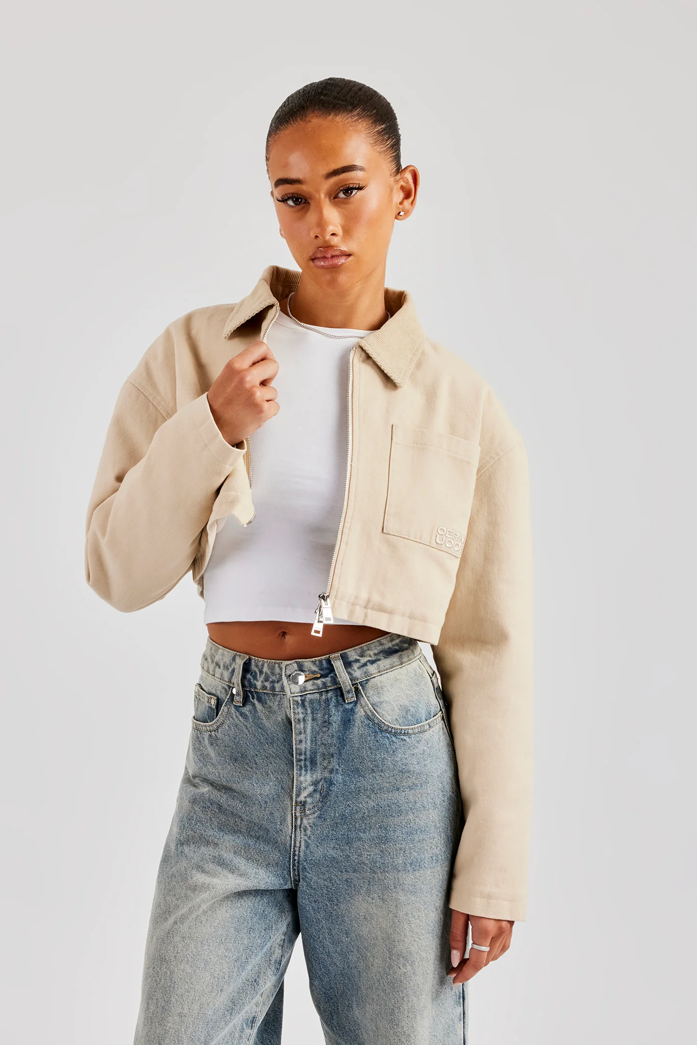 Twill Cord Collar Harrington Jacket - Stone - Image 2