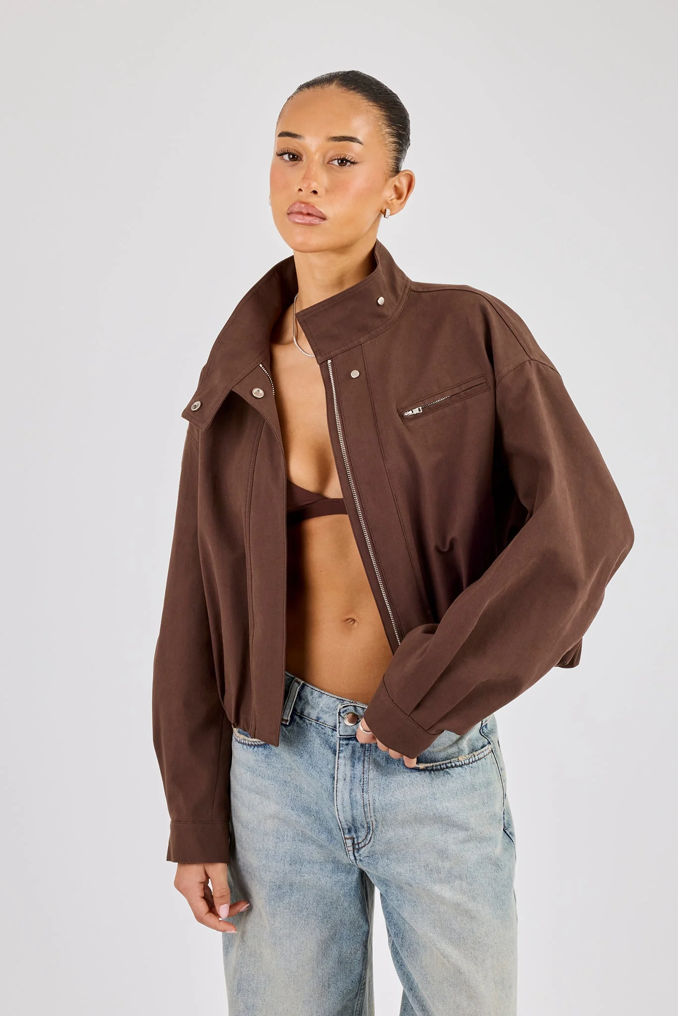 Twill Funnel Neck Jacket - Brown - Image 2