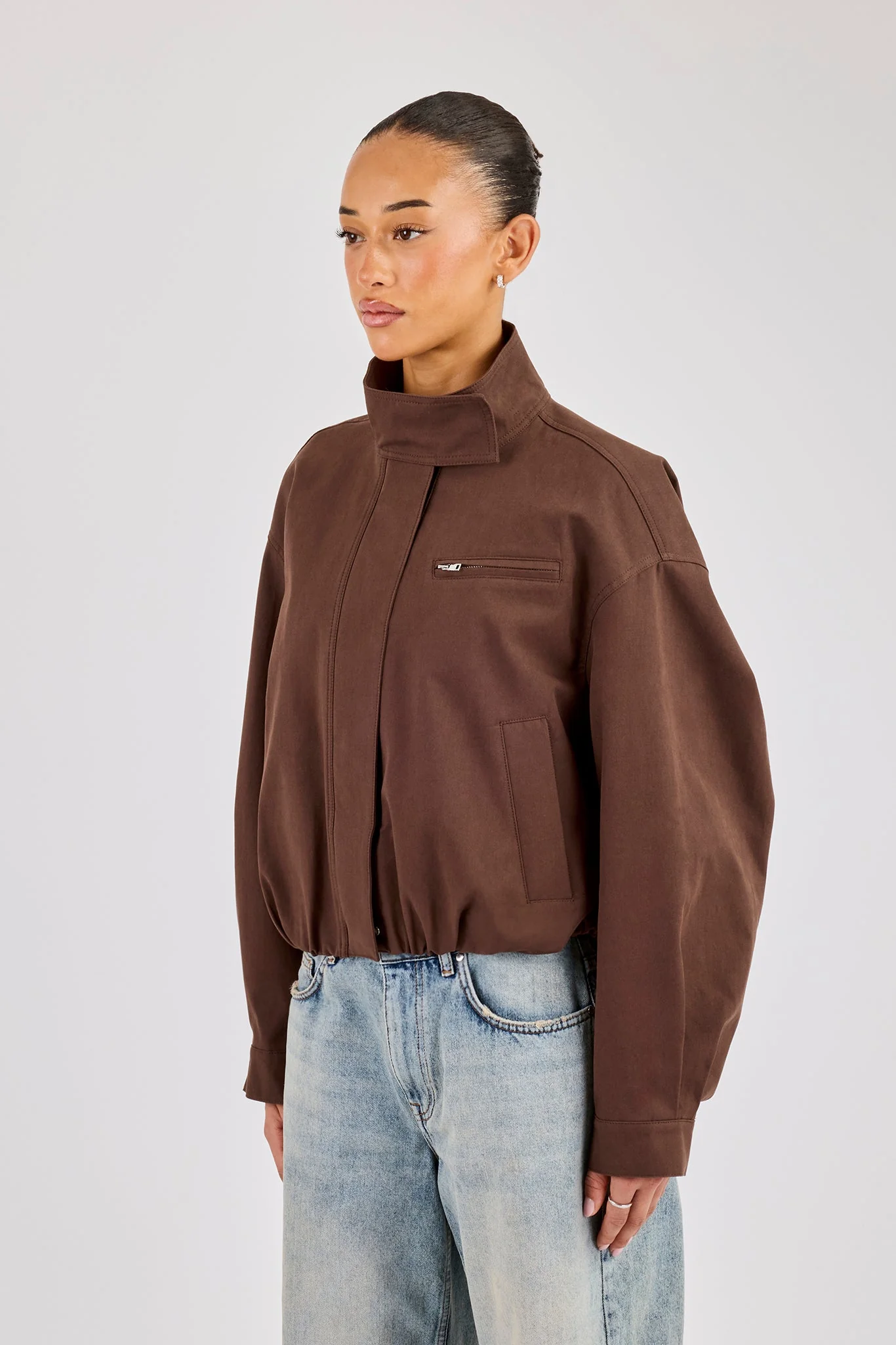 Twill Funnel Neck Jacket - Brown - Image 3