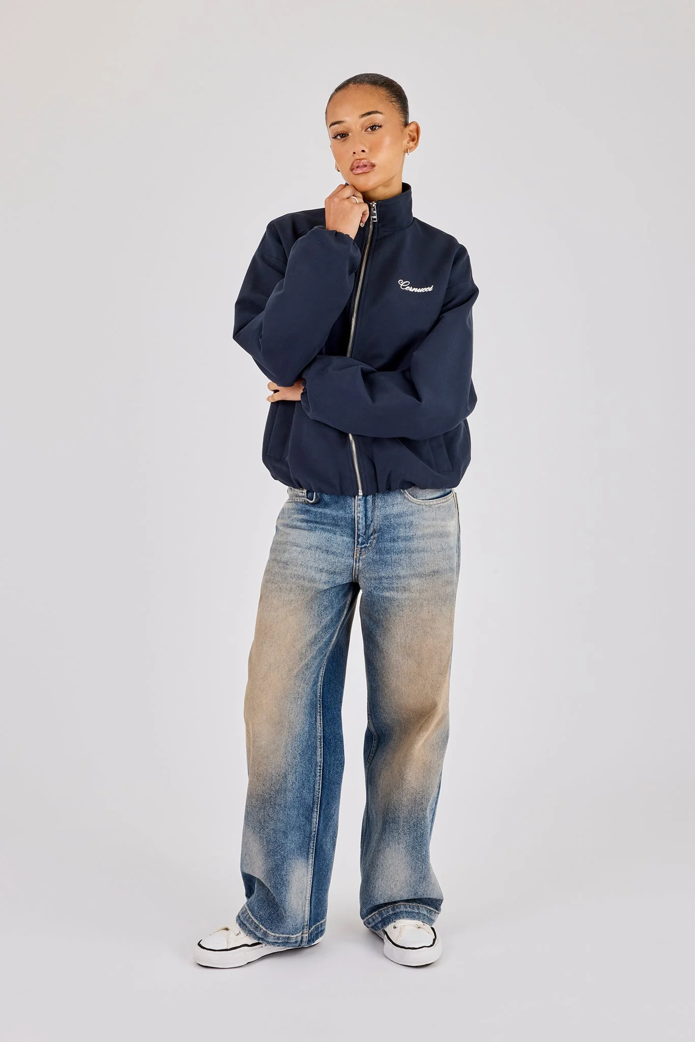 Twill Funnel Neck Track Jacket - Navy - Image 3