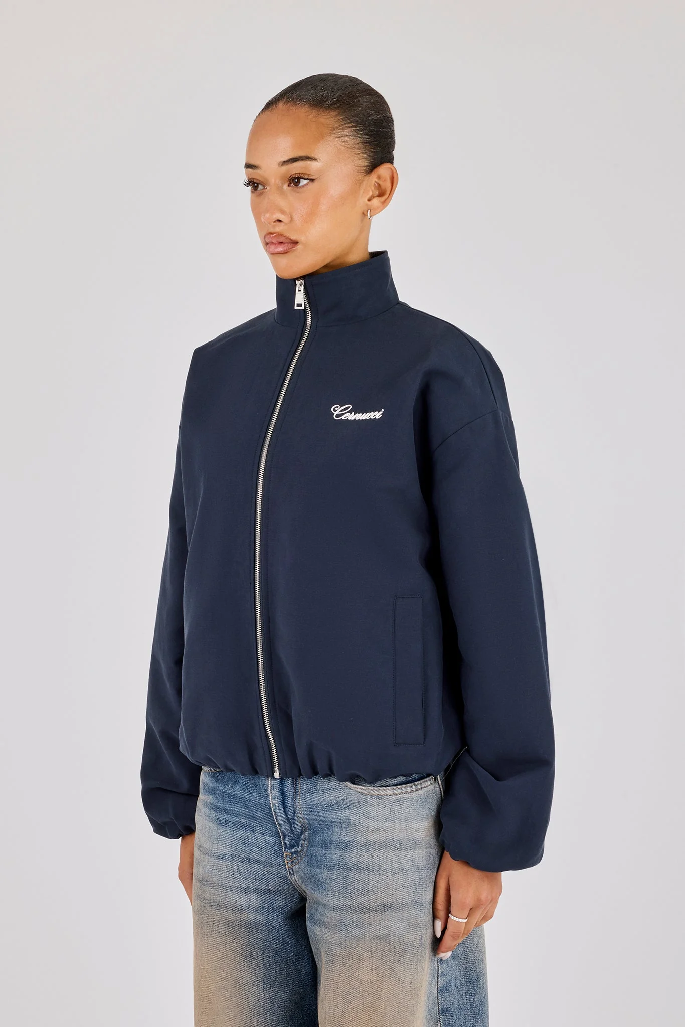 Twill Funnel Neck Track Jacket - Navy - Image 4
