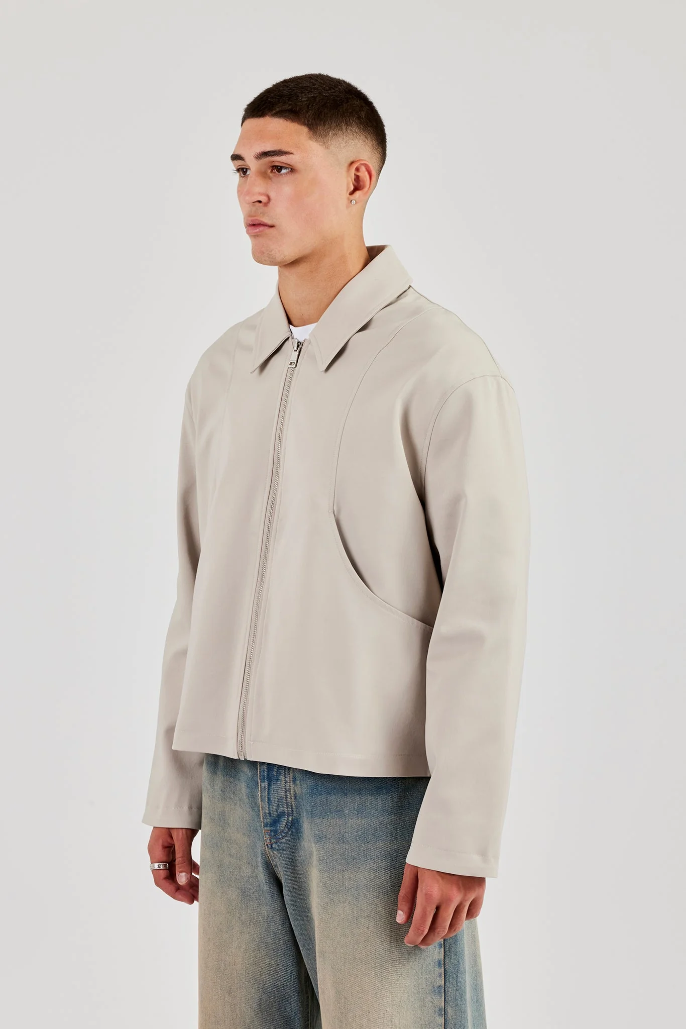 Twill Pocket Detail Harrington Jacket - Stone - Image 2