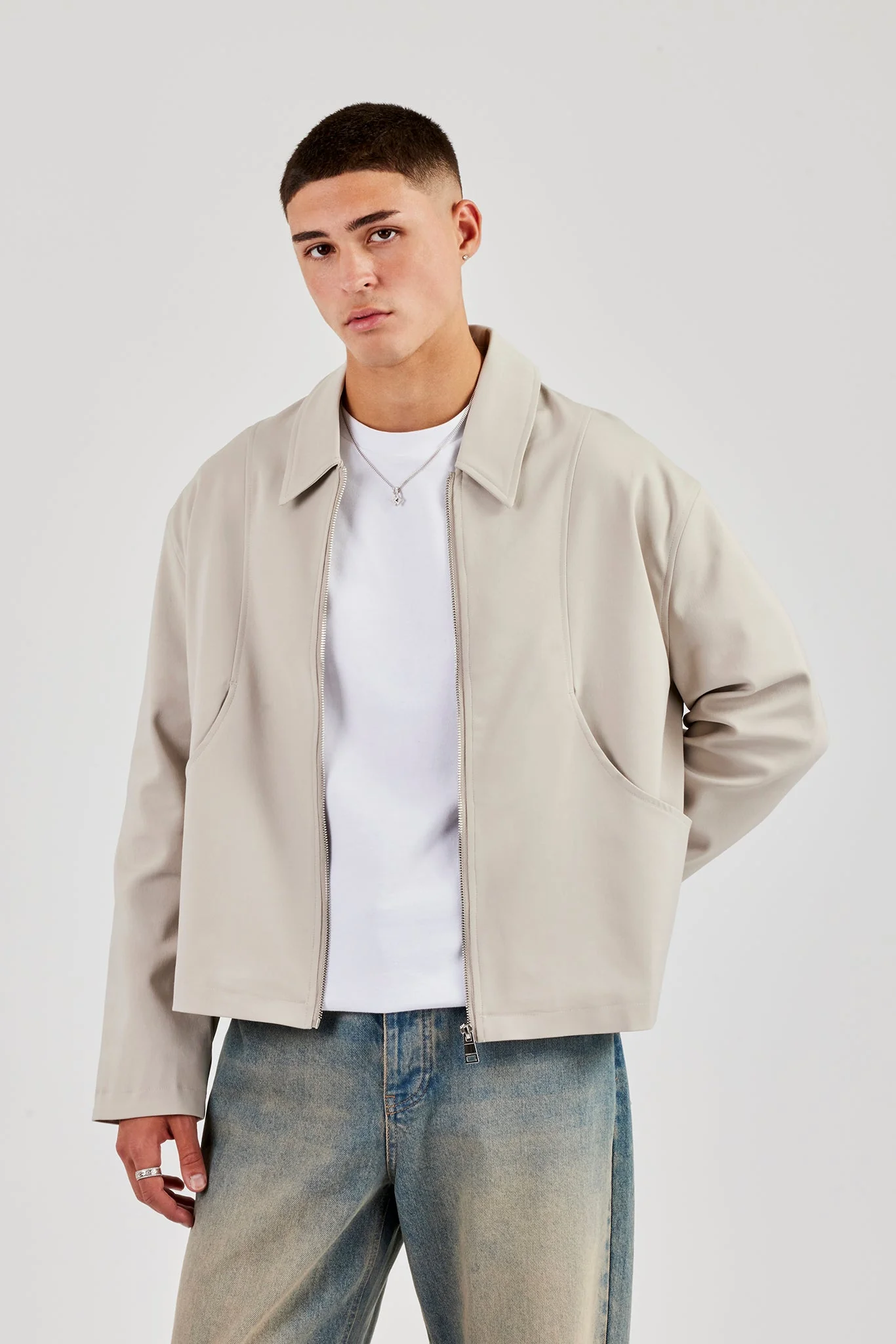 Twill Pocket Detail Harrington Jacket - Stone - Image 3