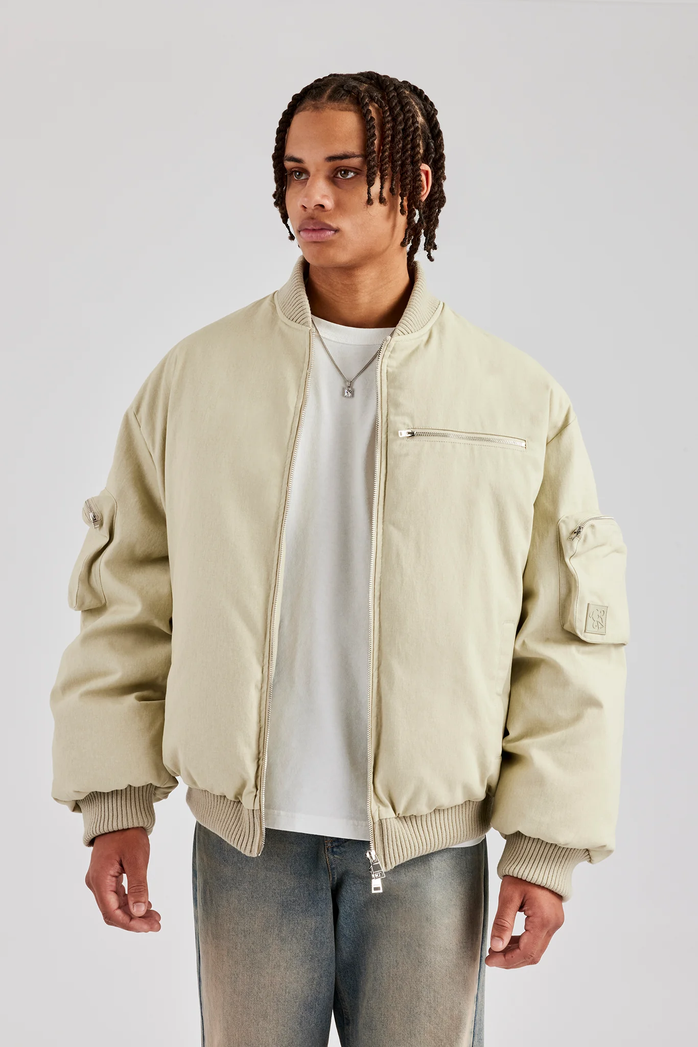 Twill Utility Heavy Bomber Jacket - Off White