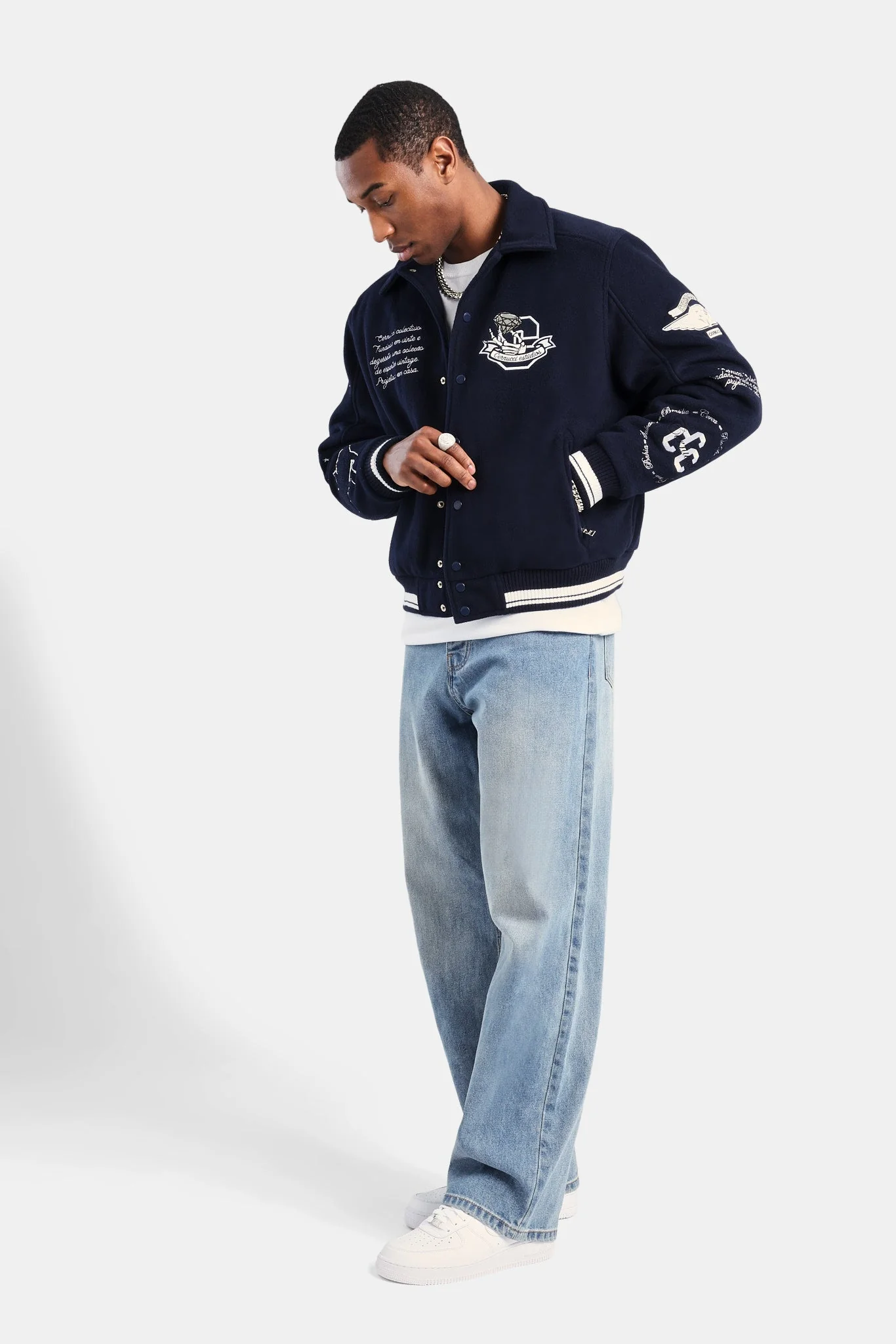 Varsity Harrington Bomber Jacket - Navy - Image 2