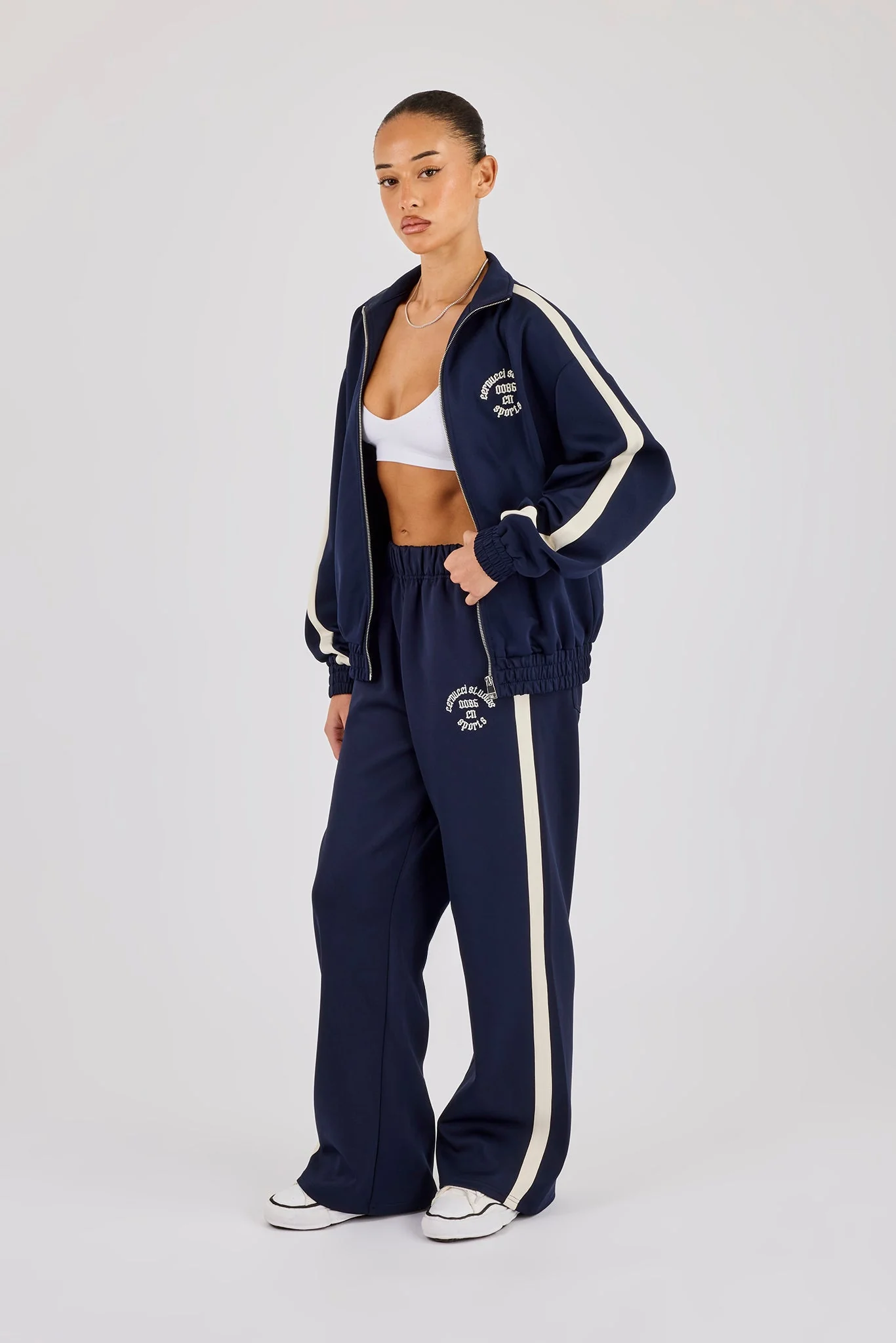 Varsity Panel Track Jacket & Wide Leg Trouser - Navy - Image 2