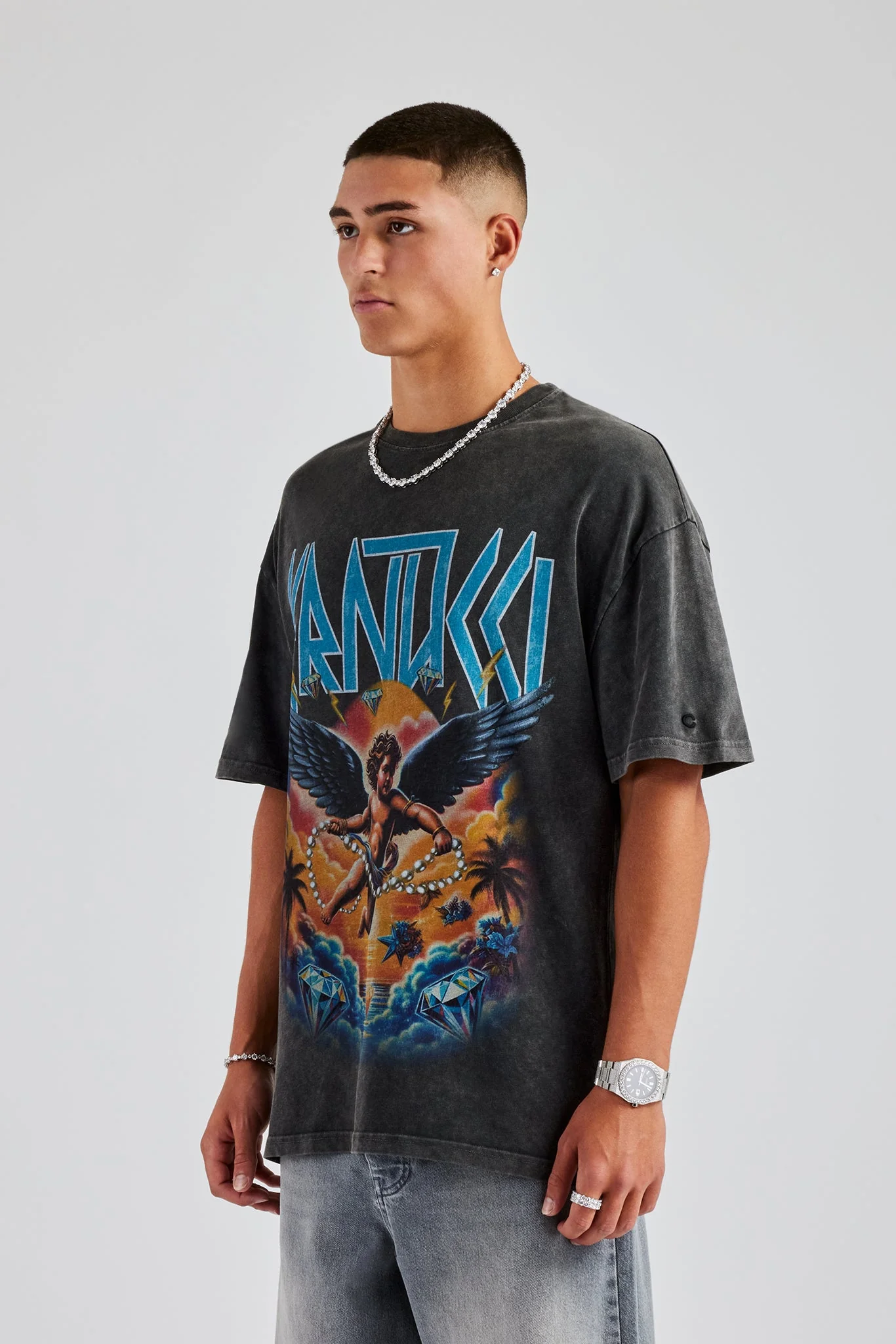 Vintage Wash Cherub Logo Oversized T-Shirt - Charcoal - Image 3