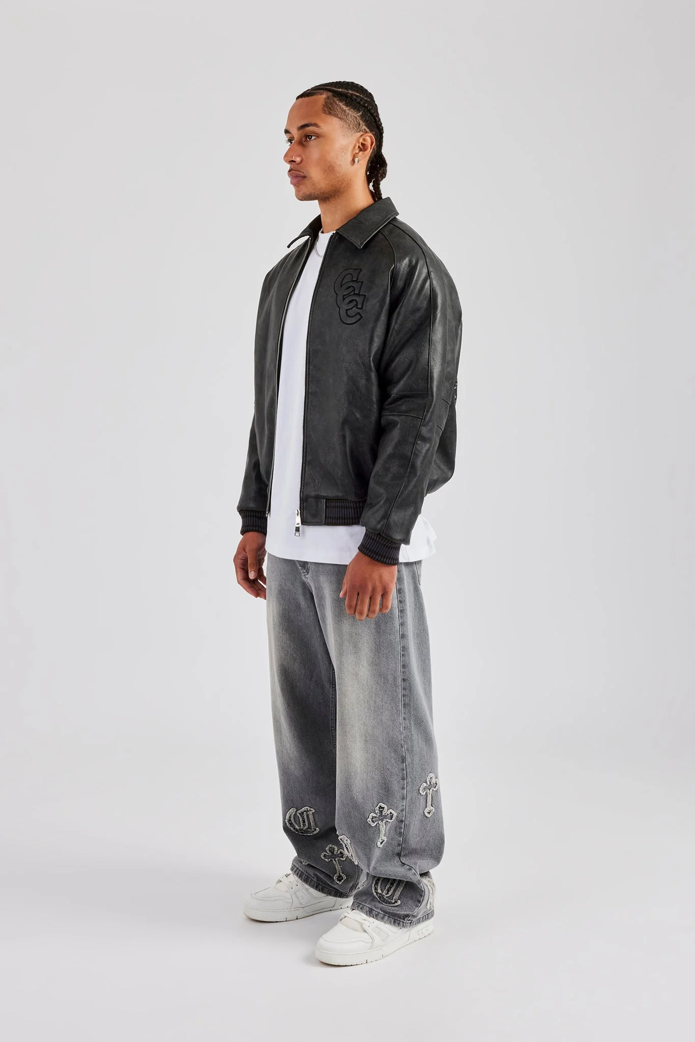Vintage Washed PU Harrington Bomber Jacket - Grey - Image 2