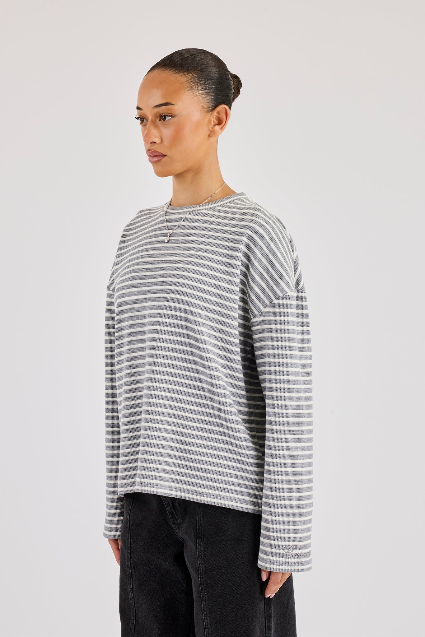 Waffle Stripe Long Sleeve T-Shirt - Grey - Image 2