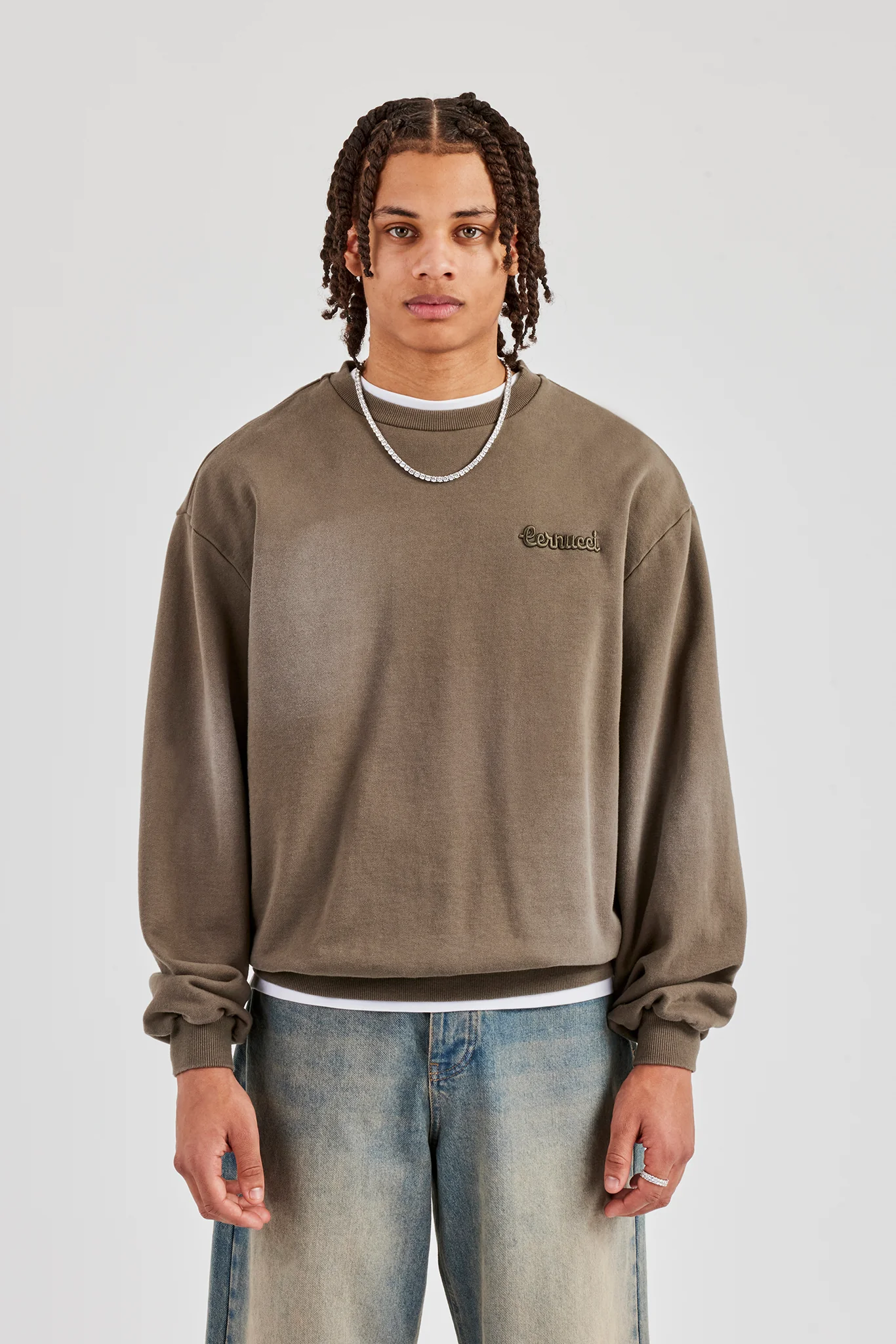 Washed Applique Boxy Sweater - Khaki