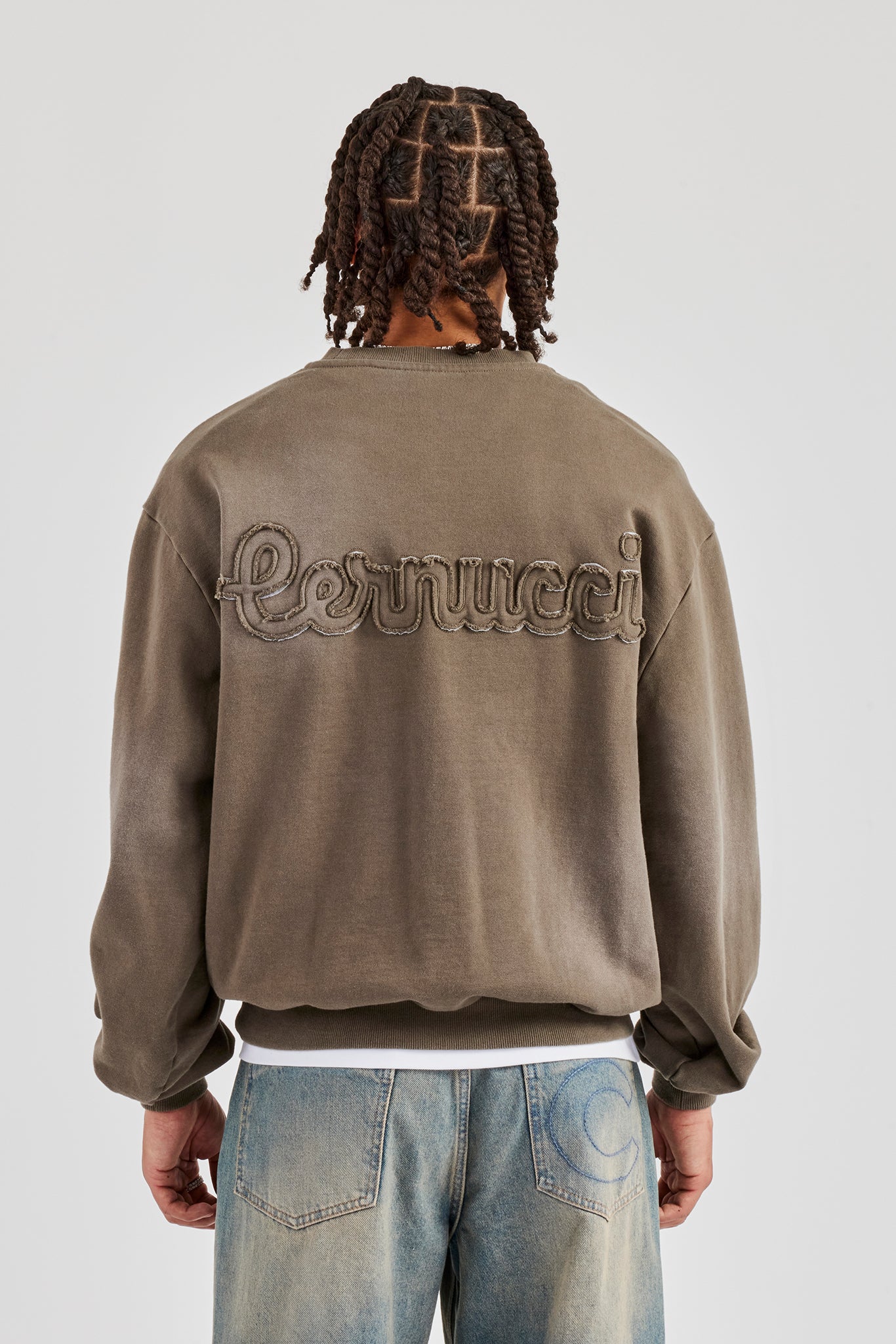 Washed Applique Boxy Sweater - Khaki - Image 3