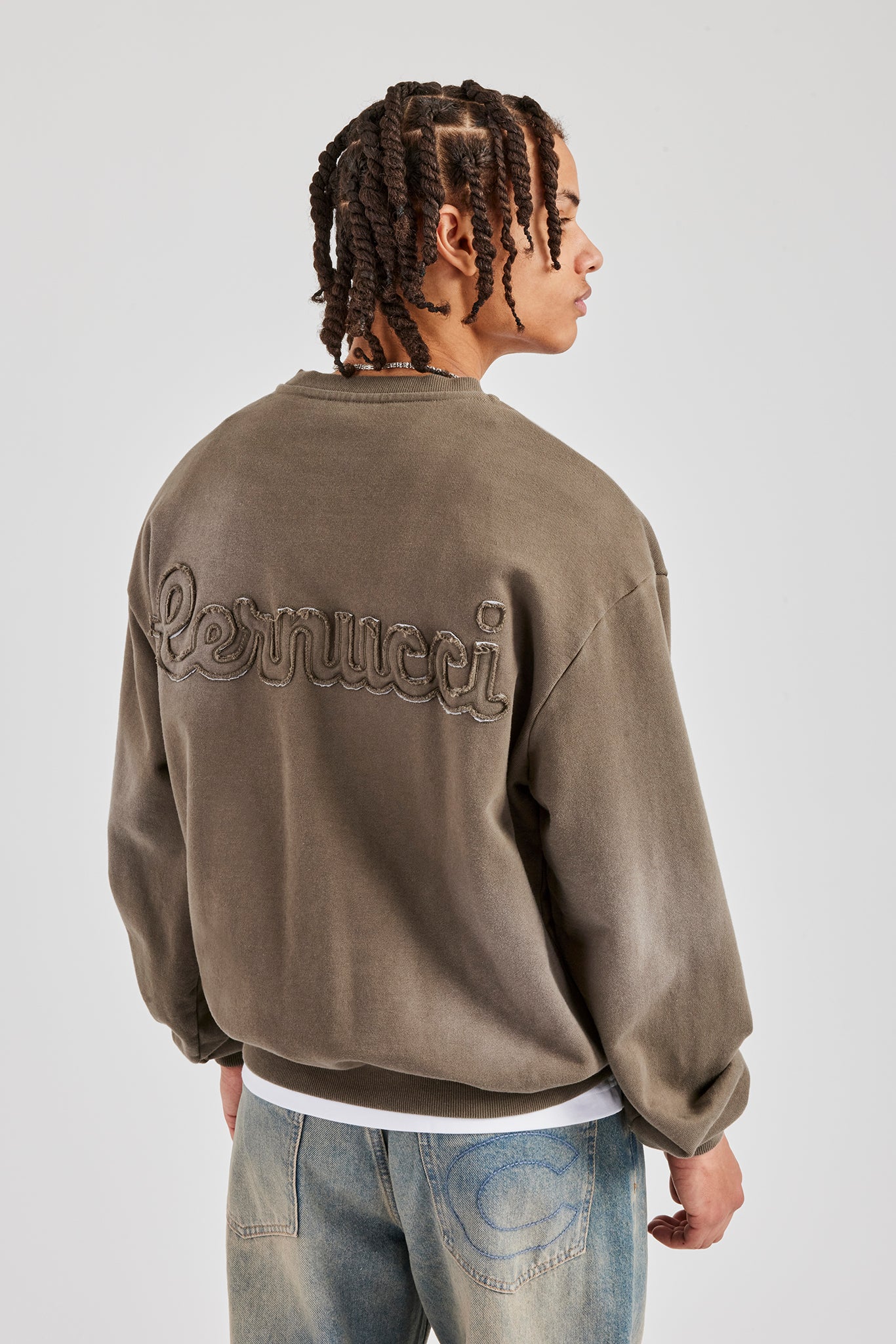 Washed Applique Boxy Sweater - Khaki - Image 4