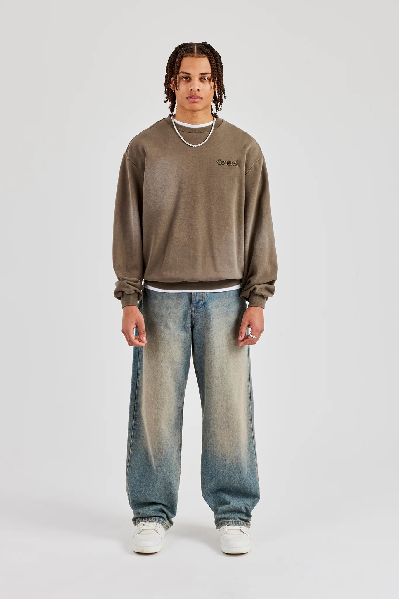 Washed Applique Boxy Sweater - Khaki - Image 5