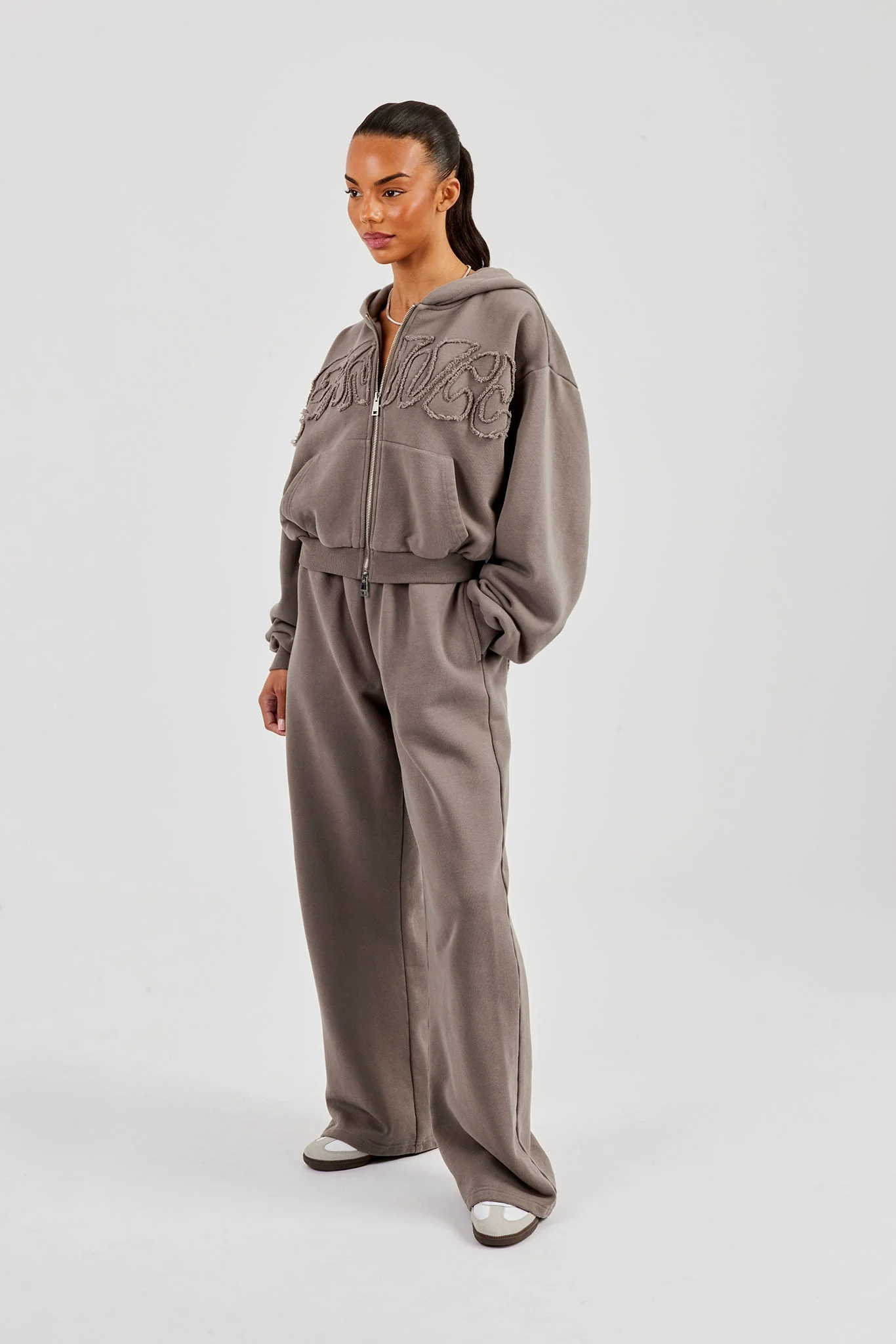 Washed Applique Logo Boxy Zip Through Hoodie - Grey - Image 4