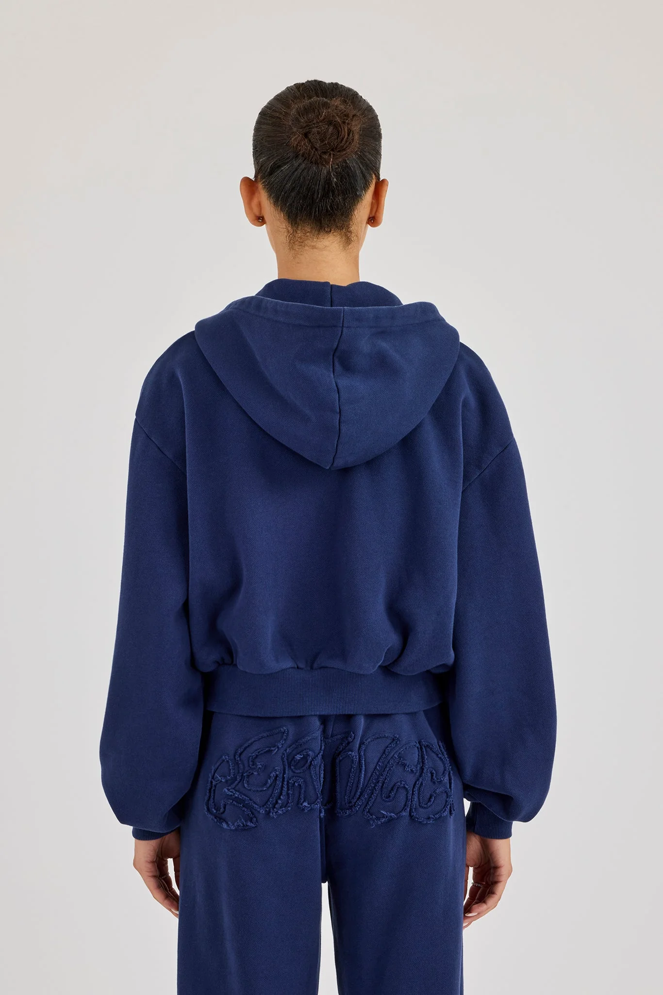 Washed Applique Logo Boxy Zip Through Hoodie - Navy - Image 3