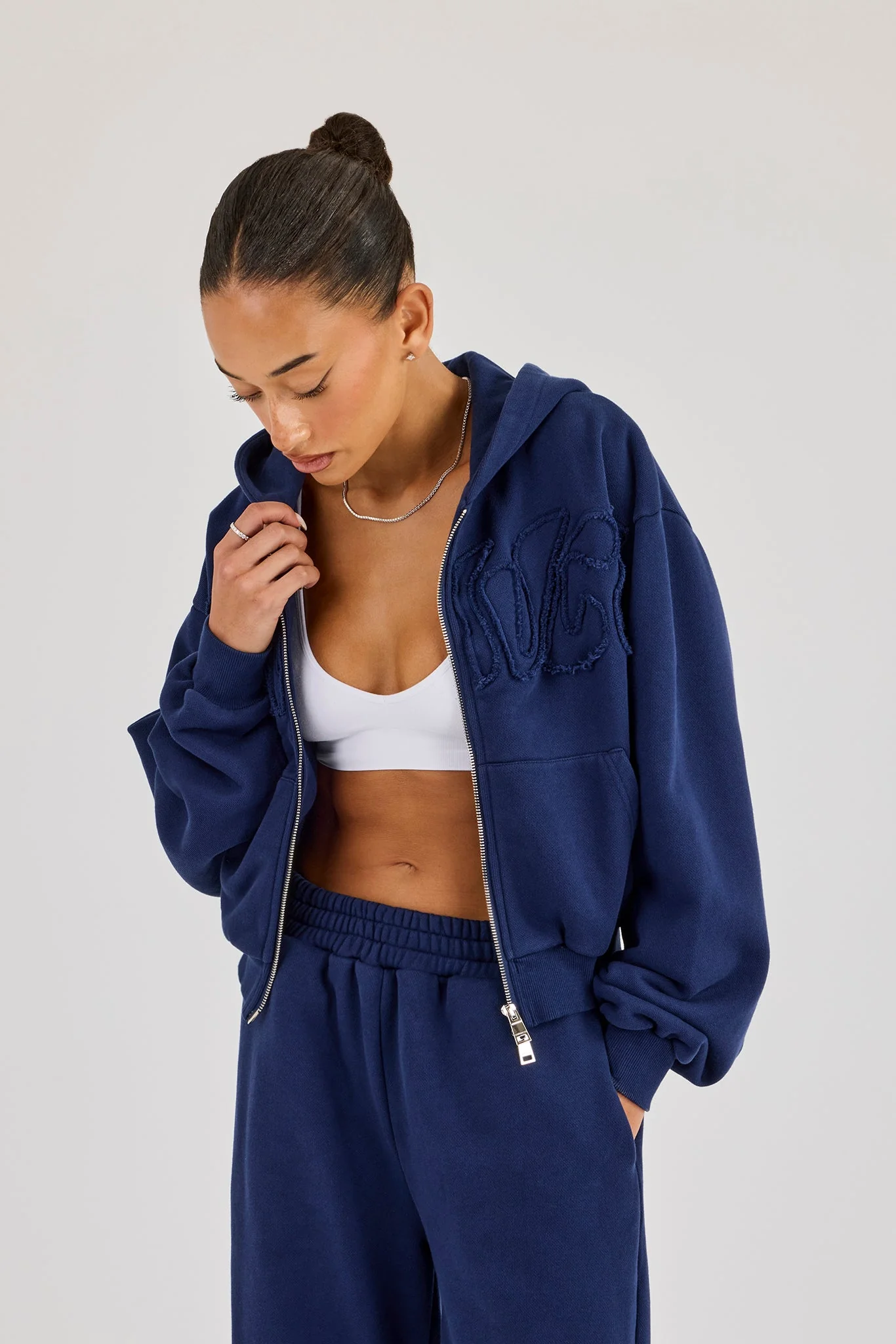 Washed Applique Logo Boxy Zip Through Hoodie - Navy - Image 4