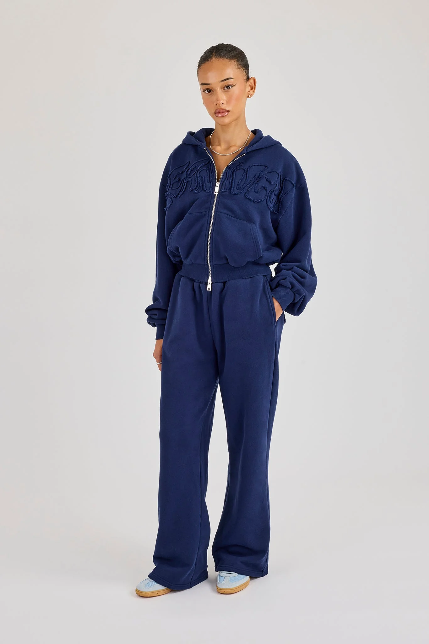 Washed Applique Logo Boxy Zip Through Hoodie & Wide Leg Jogger - Navy