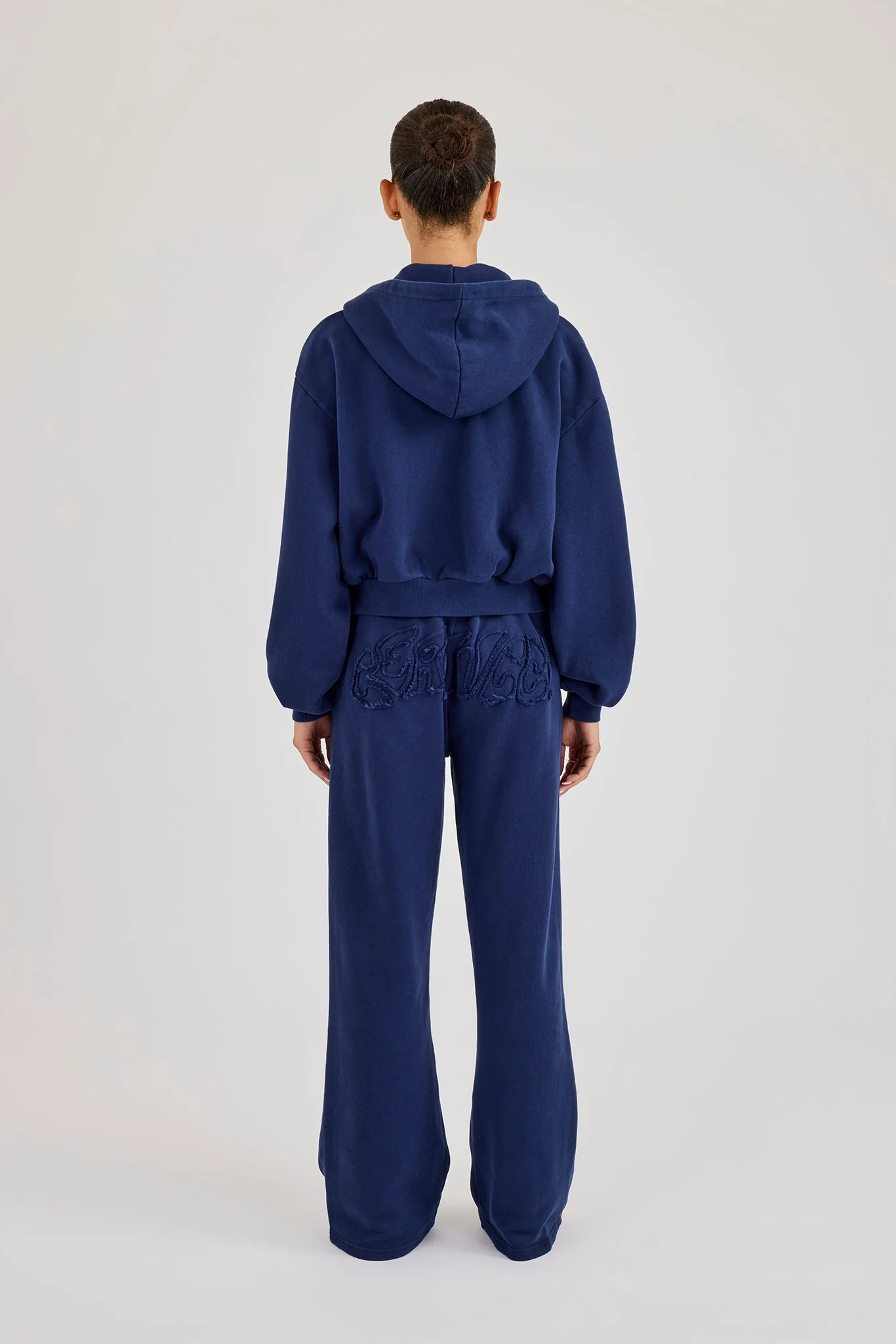 Washed Applique Logo Boxy Zip Through Hoodie & Wide Leg Jogger - Navy - Image 3