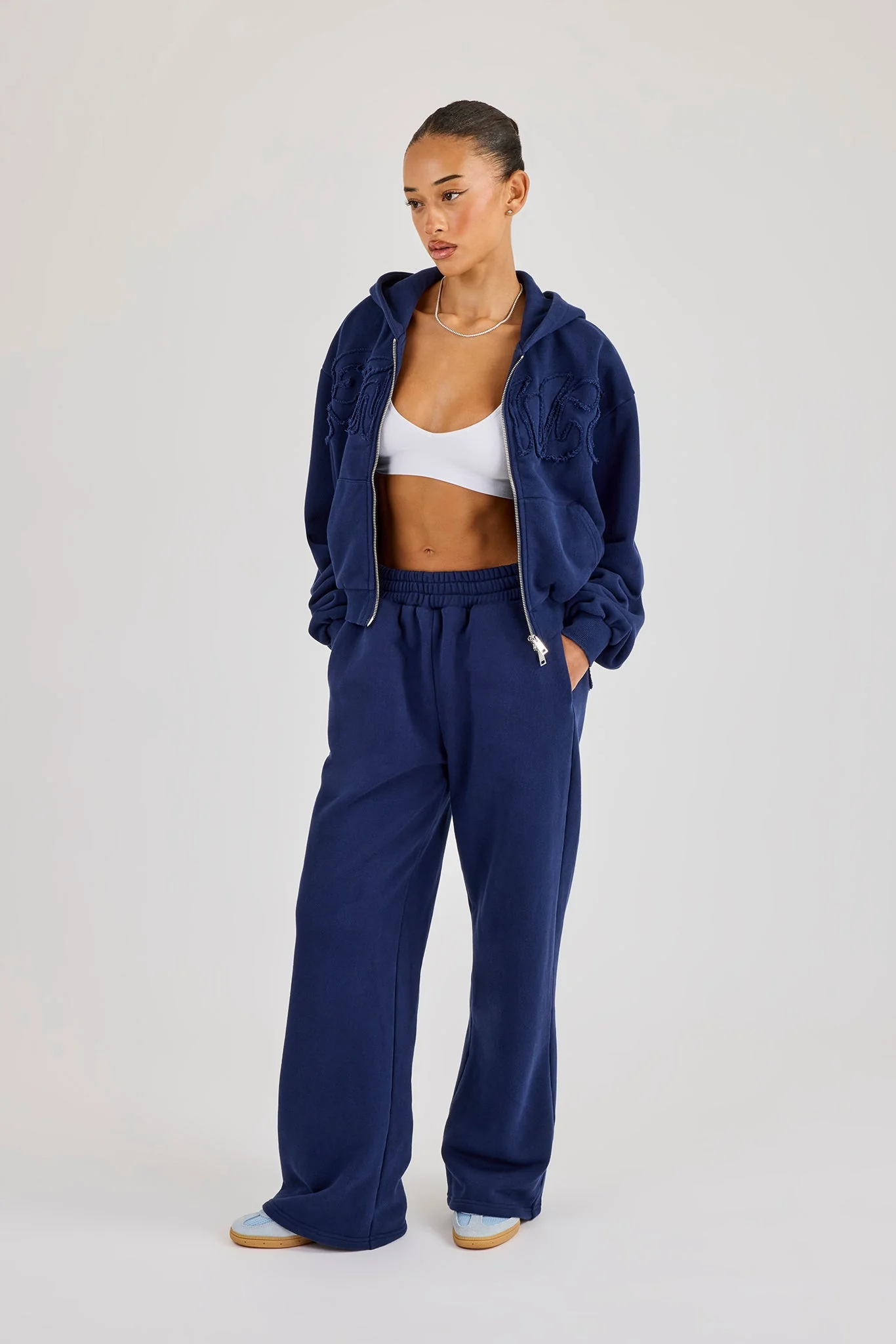 Washed Applique Logo Boxy Zip Through Hoodie & Wide Leg Jogger - Navy - Image 4