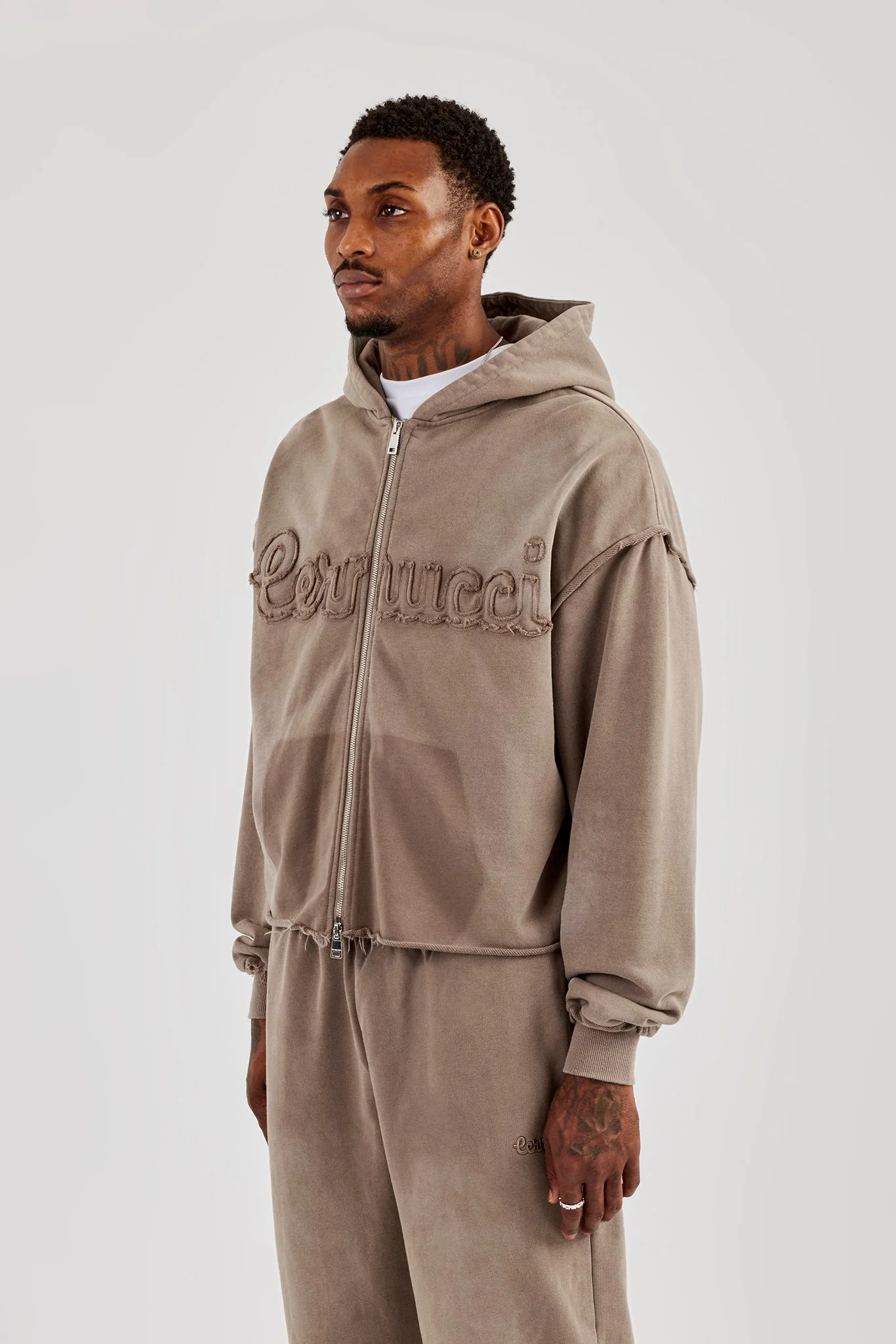 Washed Applique Zip Through Hoodie - Brown - Image 2