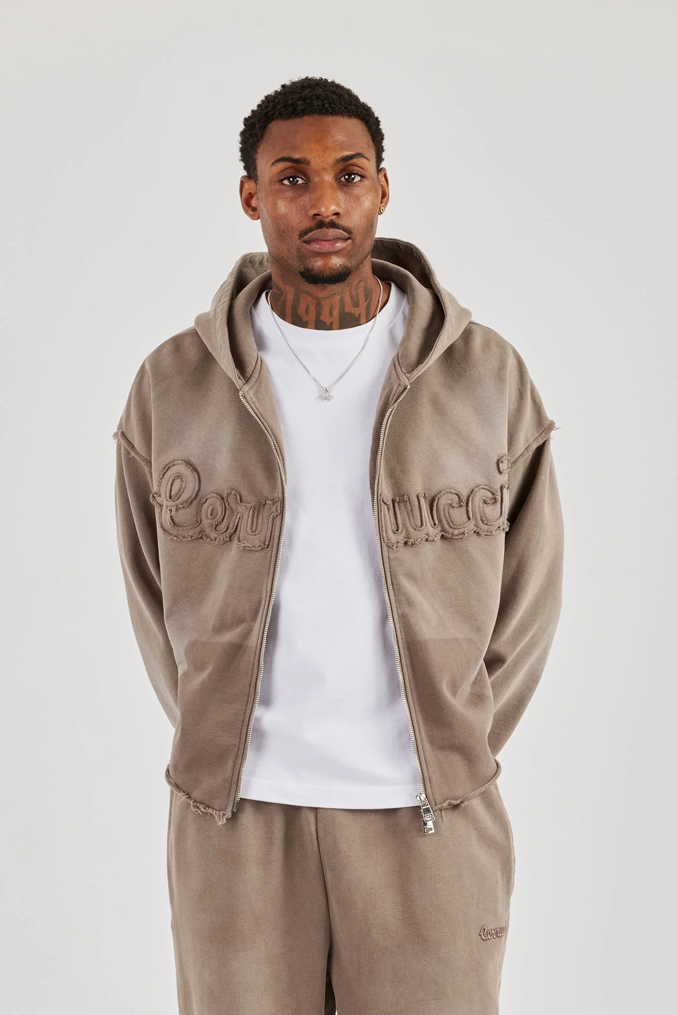 Washed Applique Zip Through Hoodie - Brown - Image 4