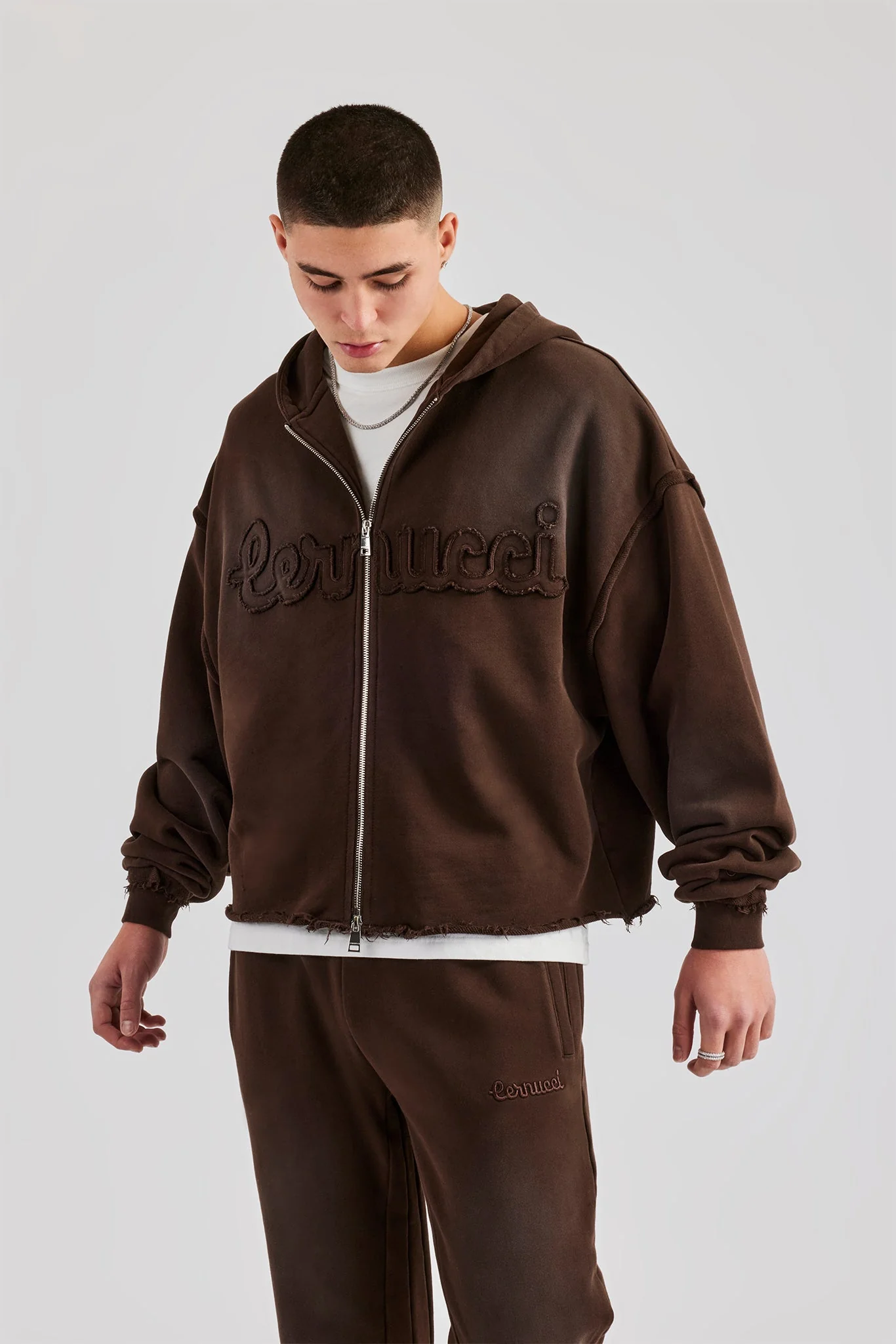 Washed Applique Zip Through Hoodie - Chocolate - Image 2