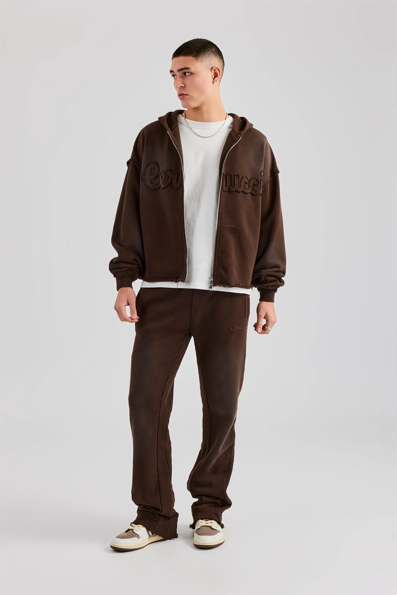 Washed Applique Zip Through Hoodie - Chocolate - Image 6