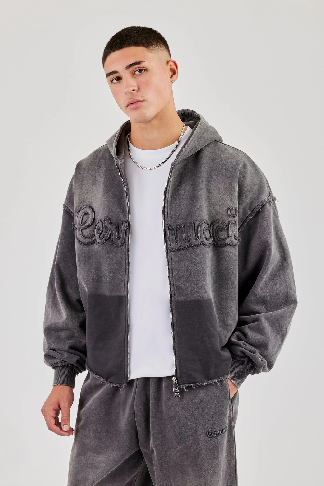 Washed Applique Zip Through Hoodie - Grey - Image 2