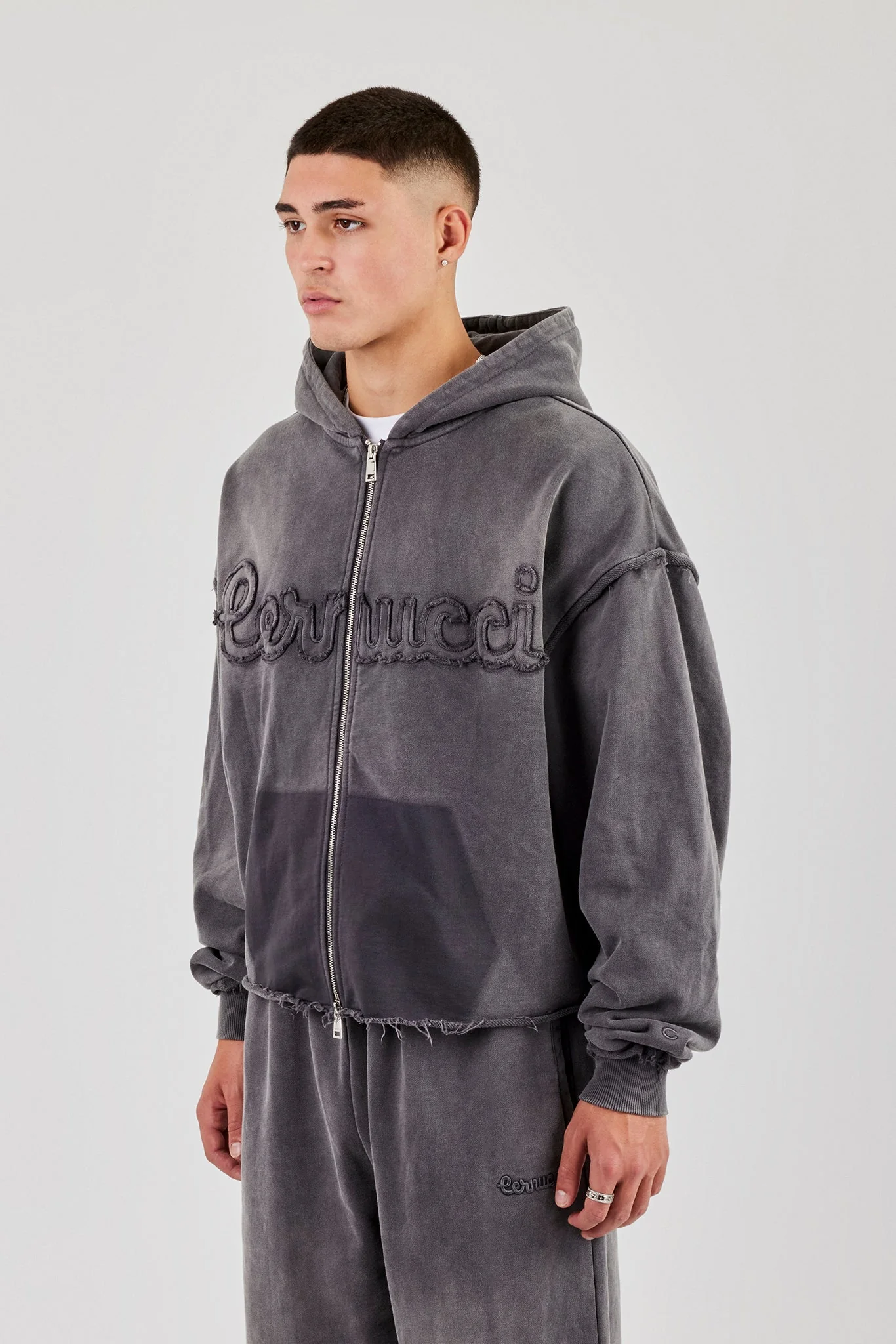 Washed Applique Zip Through Hoodie - Grey - Image 3