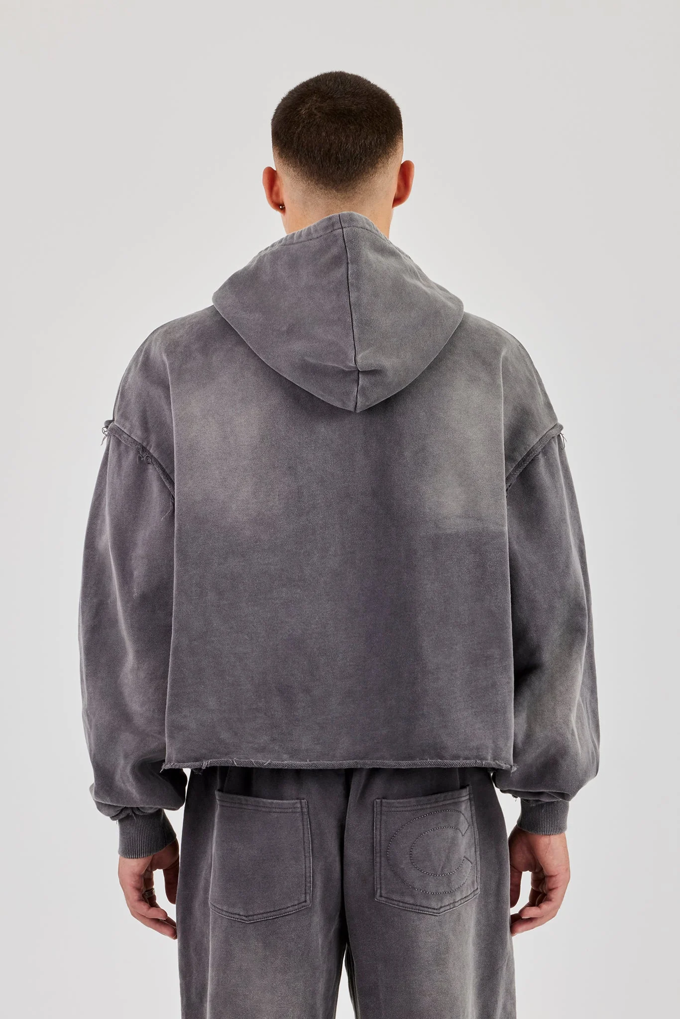 Washed Applique Zip Through Hoodie - Grey - Image 4