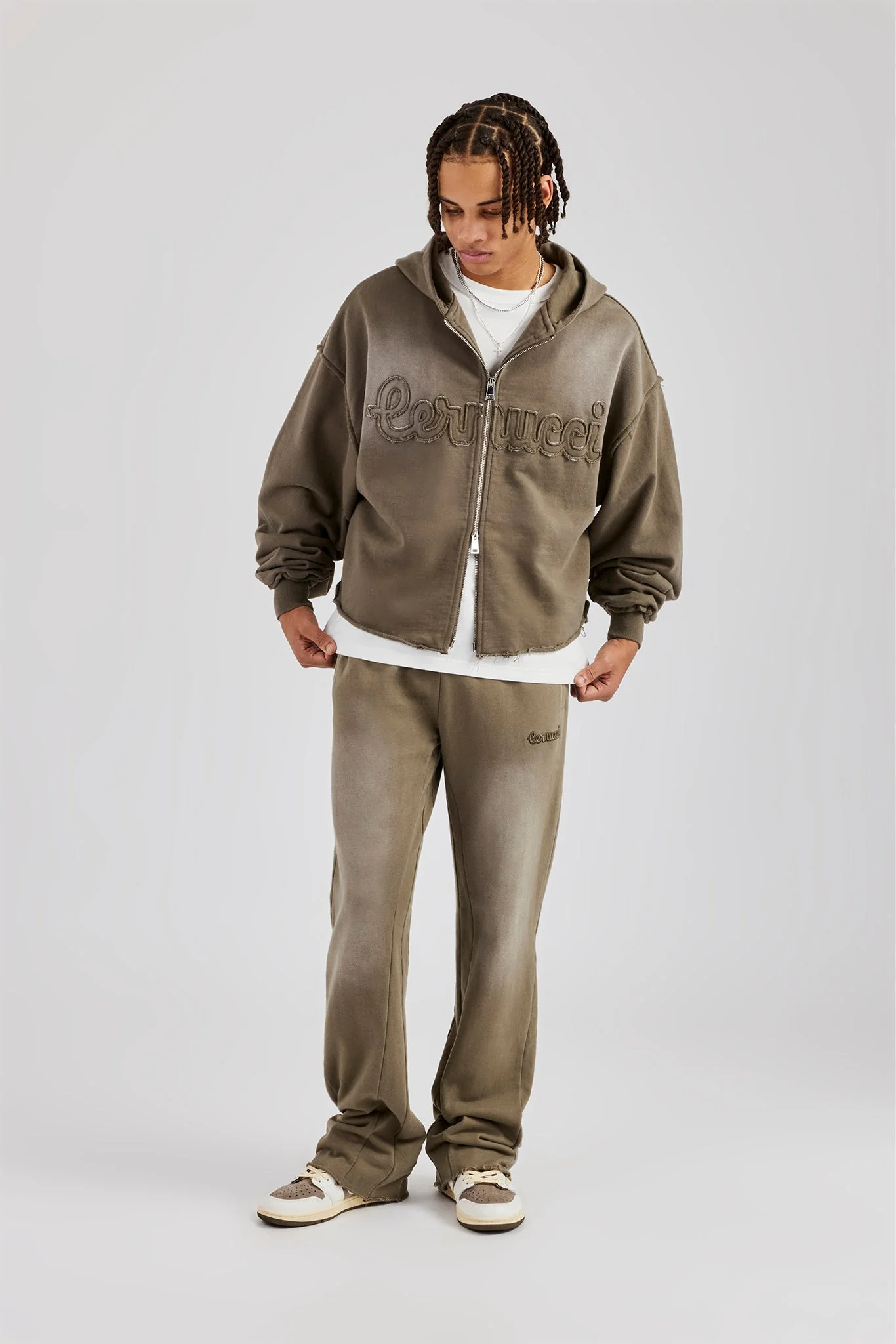 Washed Applique Zip Through Hoodie - Khaki - Image 2
