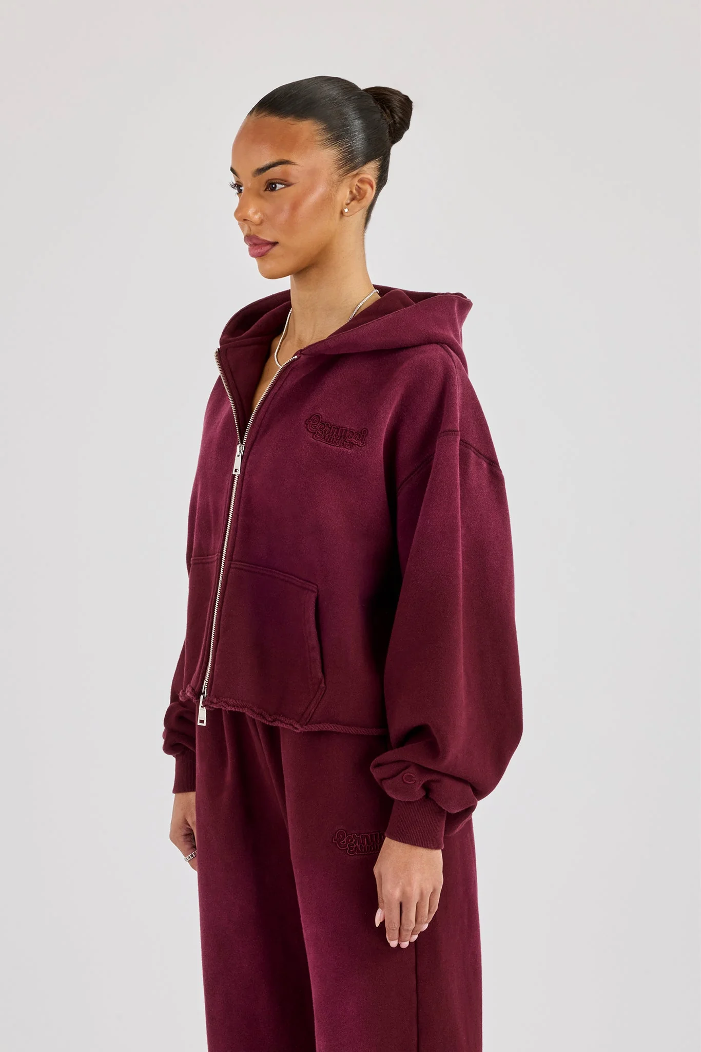 Washed Boxy Fit Zip Through Hoodie - Burgundy - Image 2