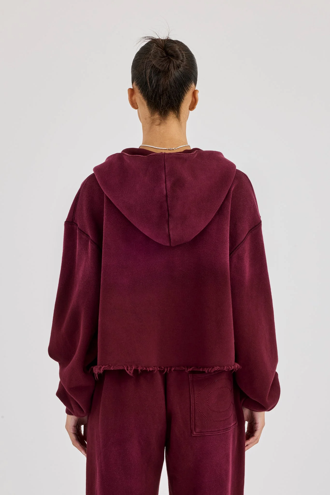 Washed Boxy Fit Zip Through Hoodie - Burgundy - Image 3