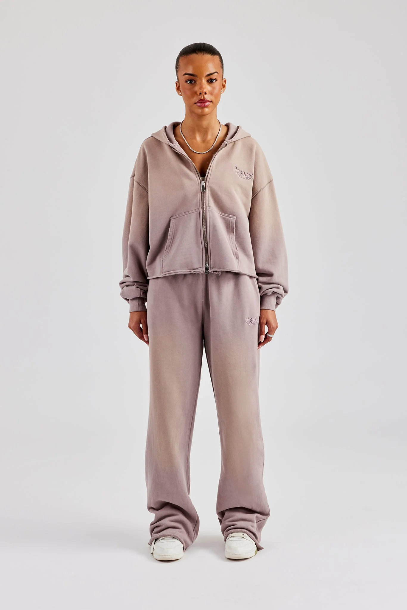 Washed Boxy Fit Zip Through Hoodie - Mauve - Image 2