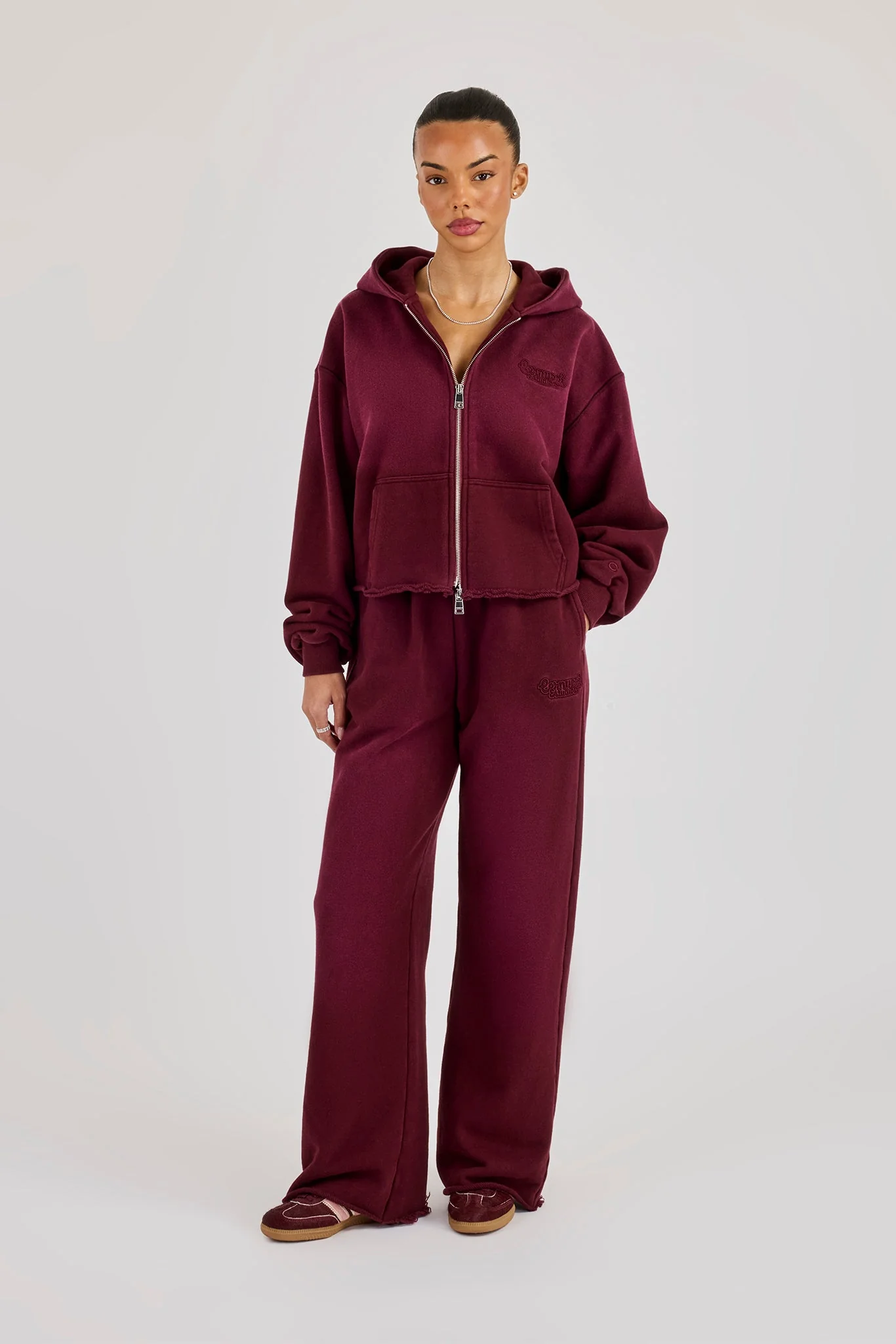 Washed Boxy Fit Zip Through Hoodie & Wide Leg Jogger - Burgundy - Image 2