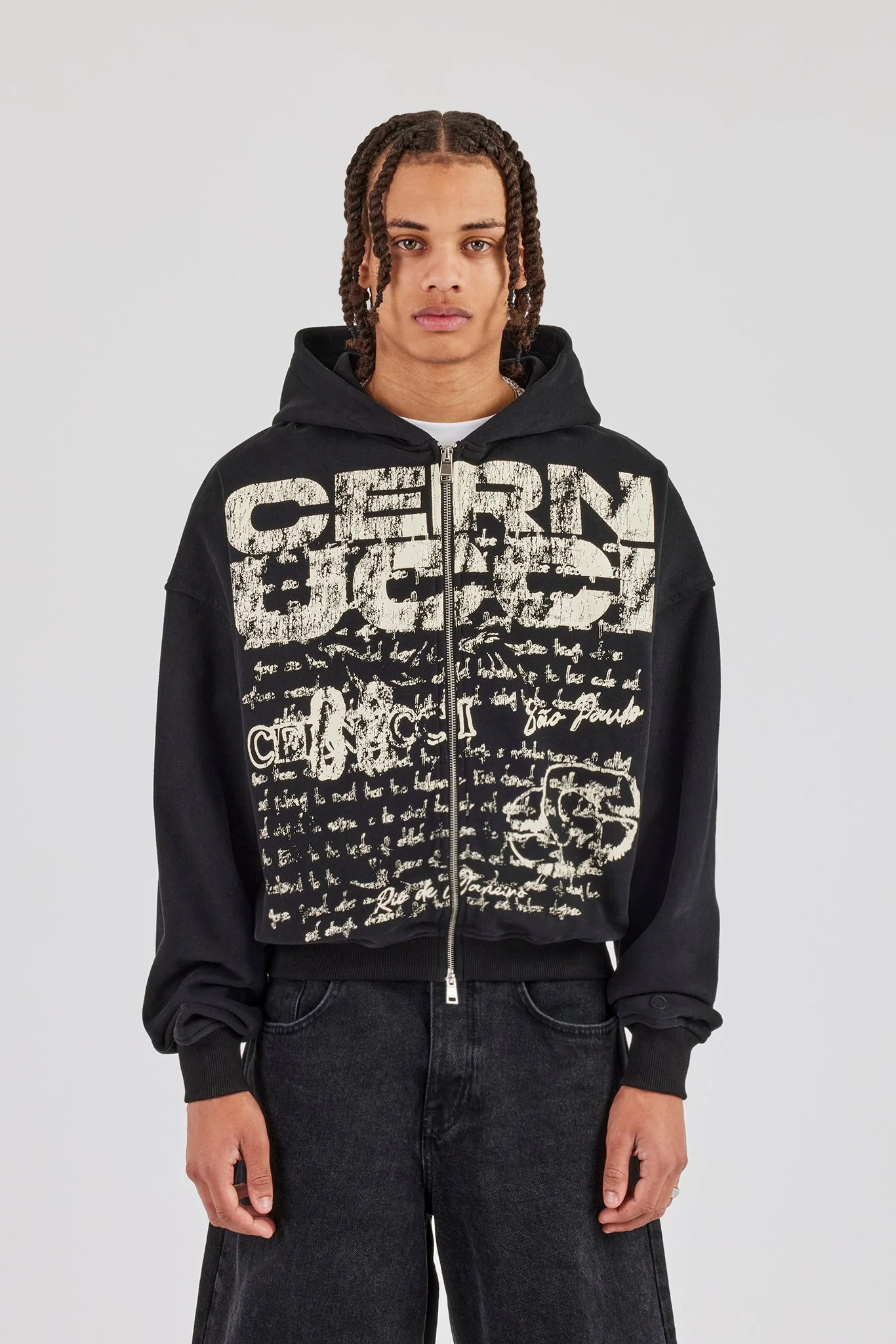 Washed Boxy Zip Through Printed Hoodie - Black - Image 2
